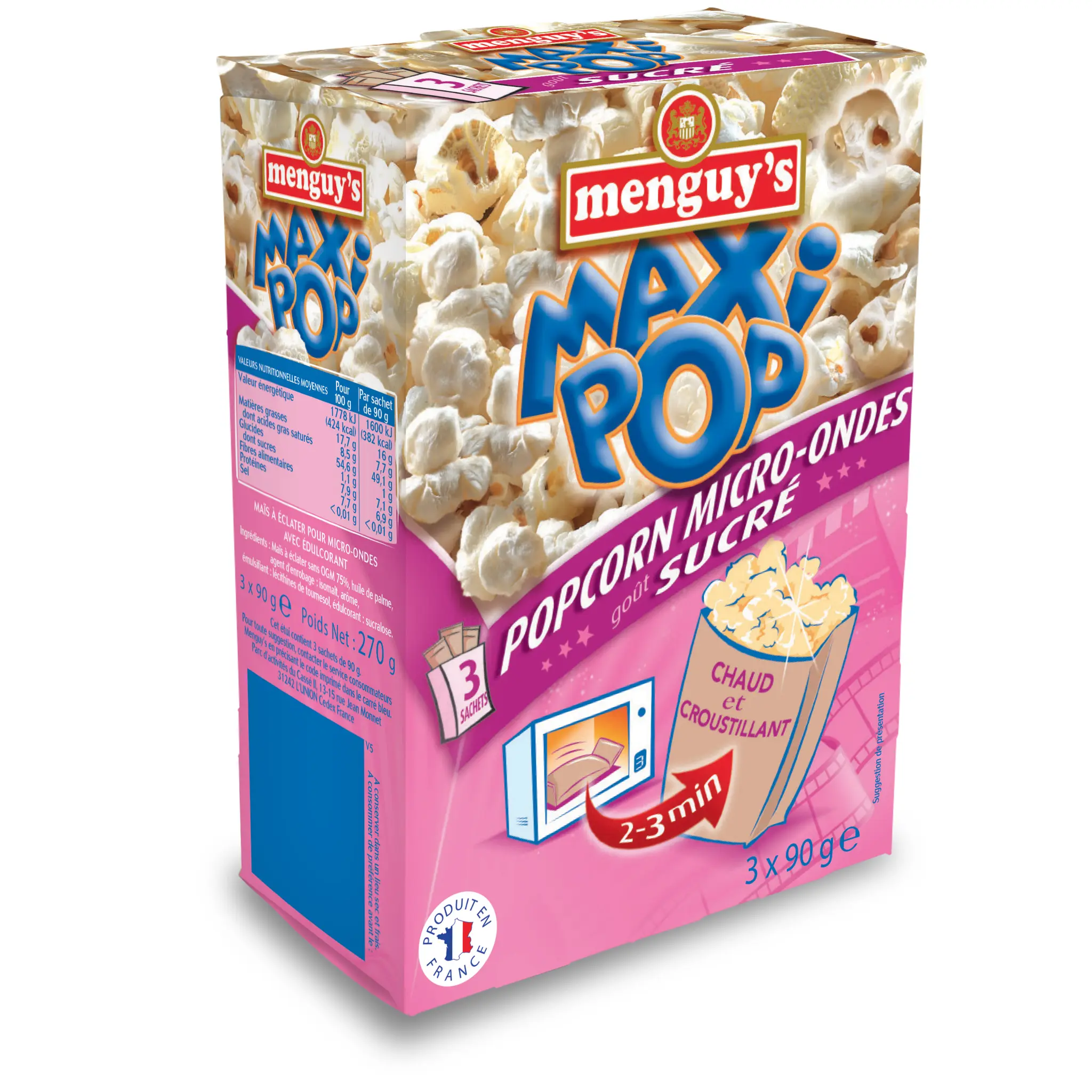 MENGUY'S Maxi pop corn goût sucré micro-ondable 2-3 min sans OGM