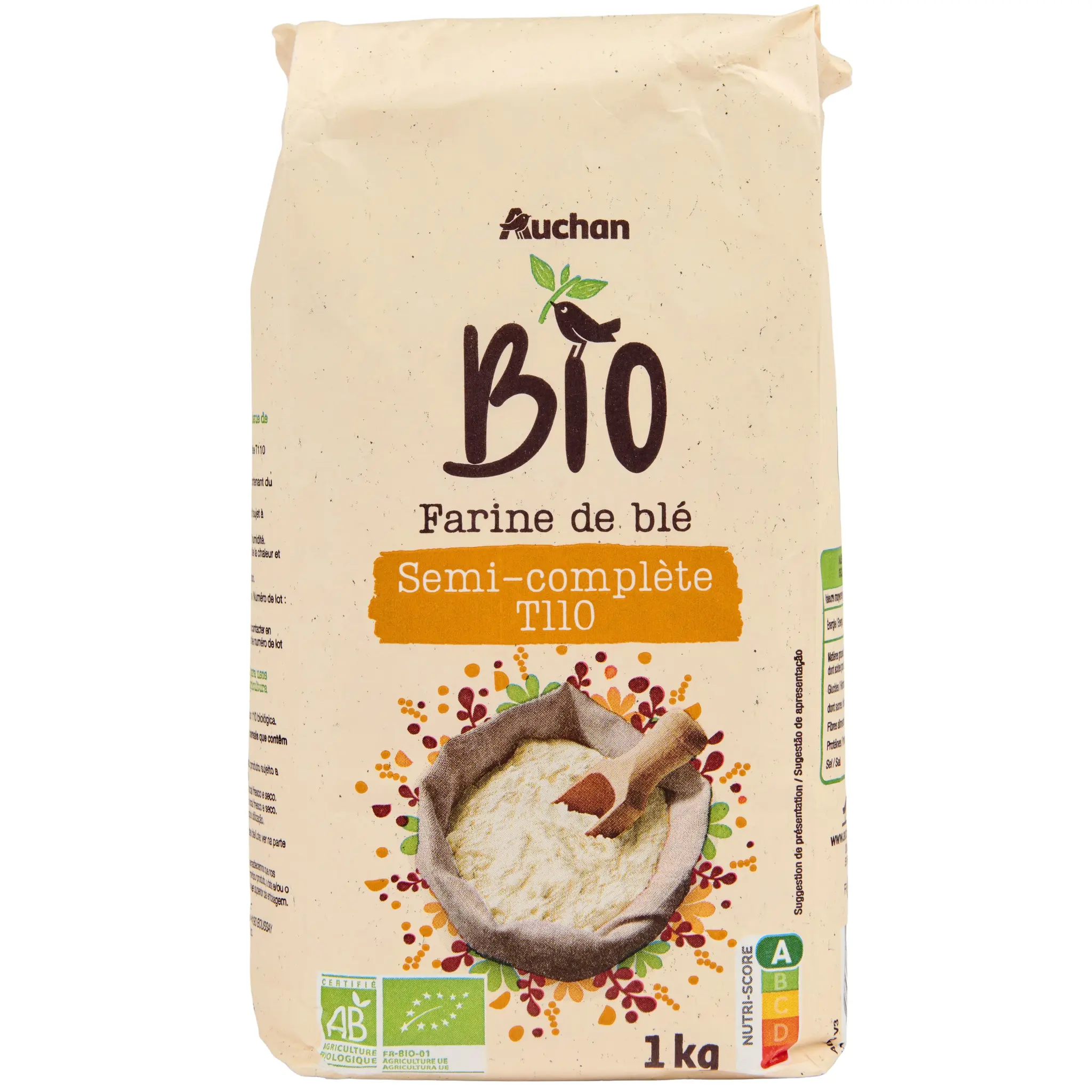 AUCHAN BIO Farine de blé semi-complète T110