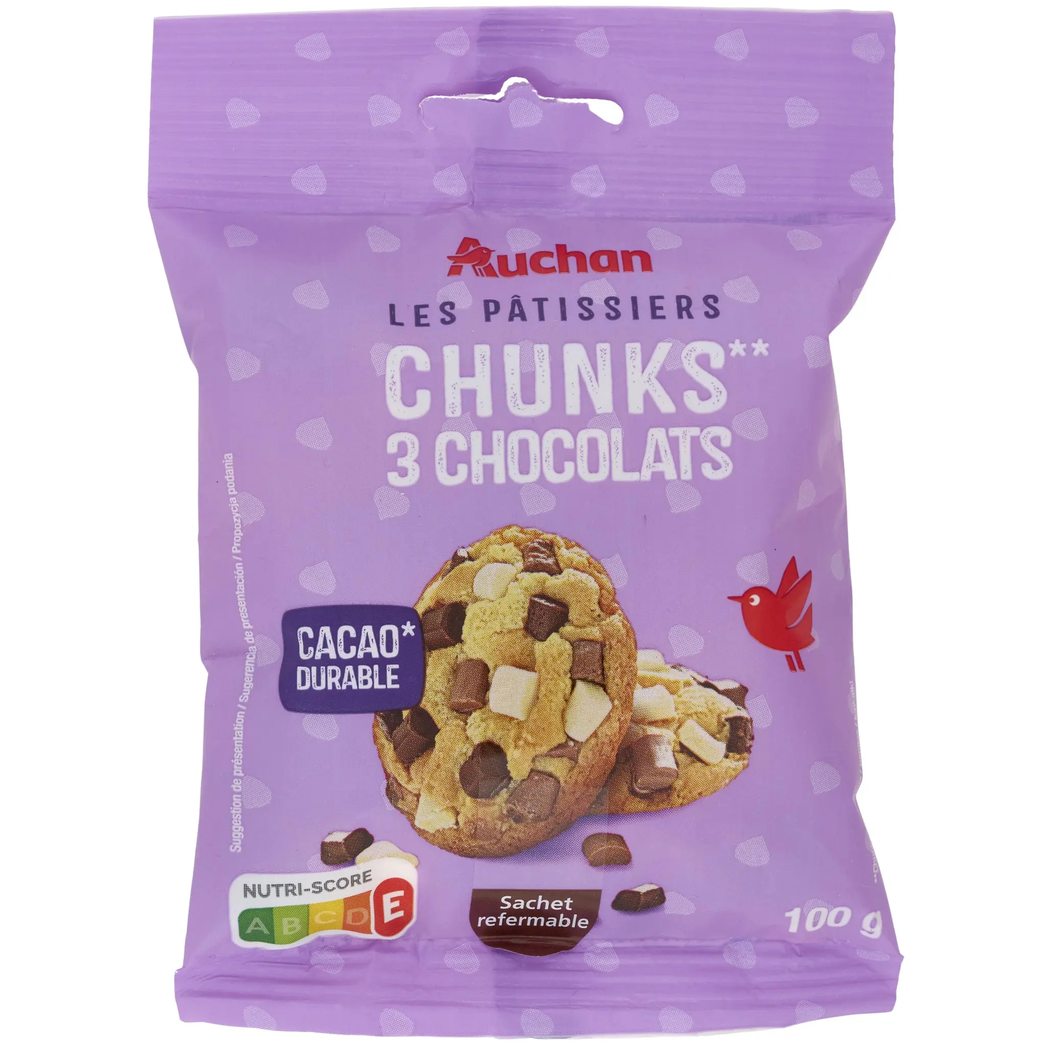 AUCHAN Pépites de chocolat 3 couleurs blanc-lait-noir sachet refermable