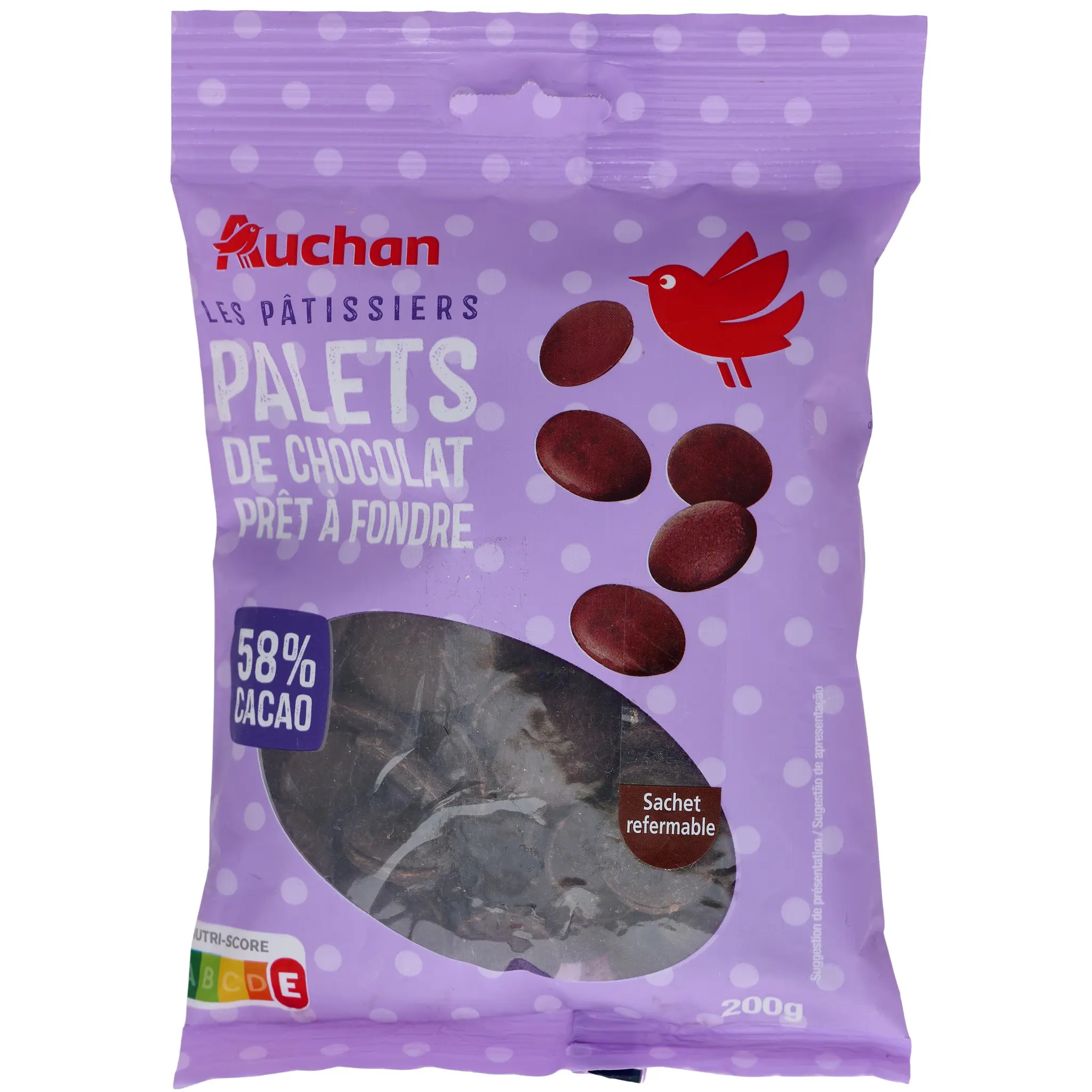 AUCHAN Palets au chocolat prêt à fondre sachet refermable