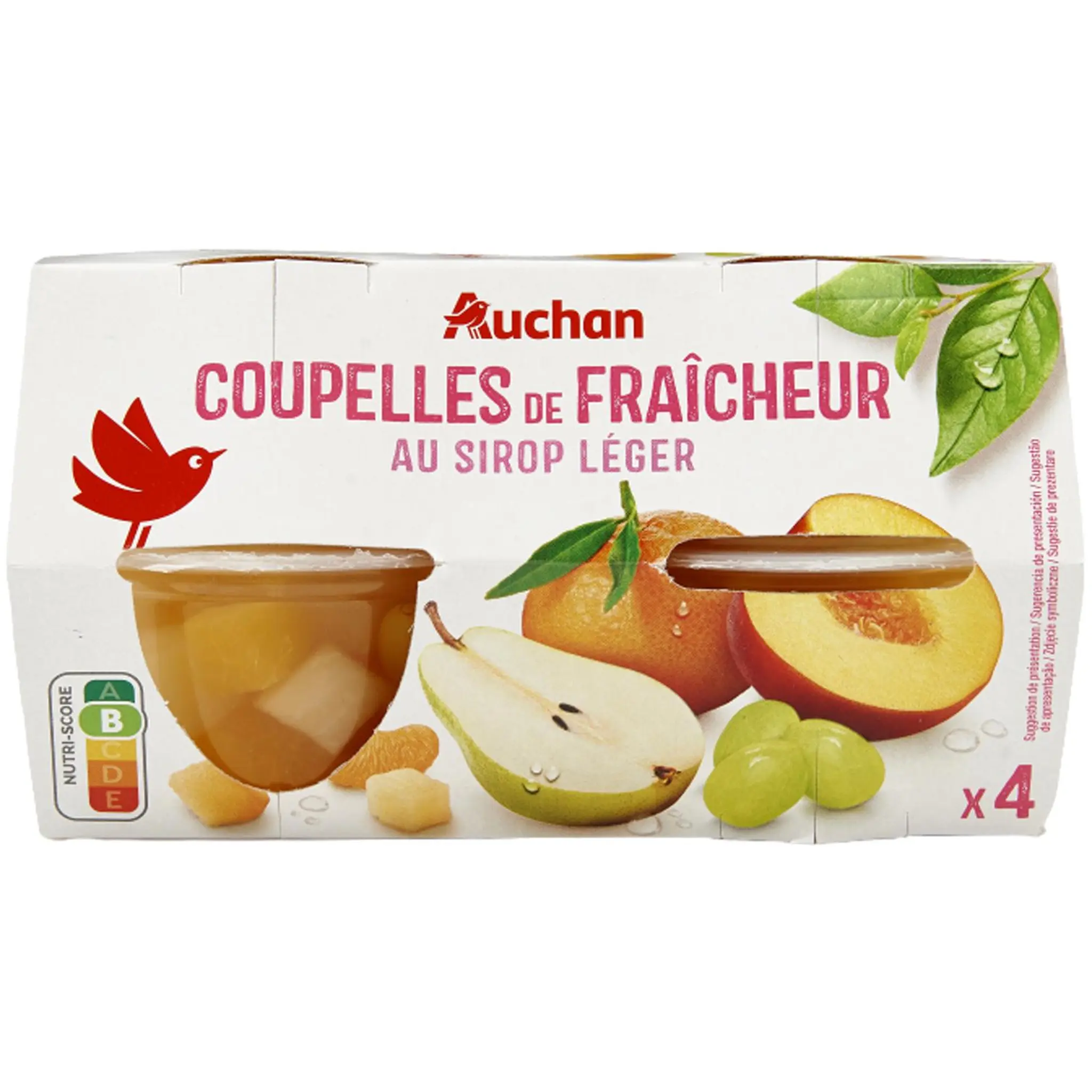 AUCHAN Coupelles de fraîcheur à la pêche mandarine poire et raisins au sirop léger
