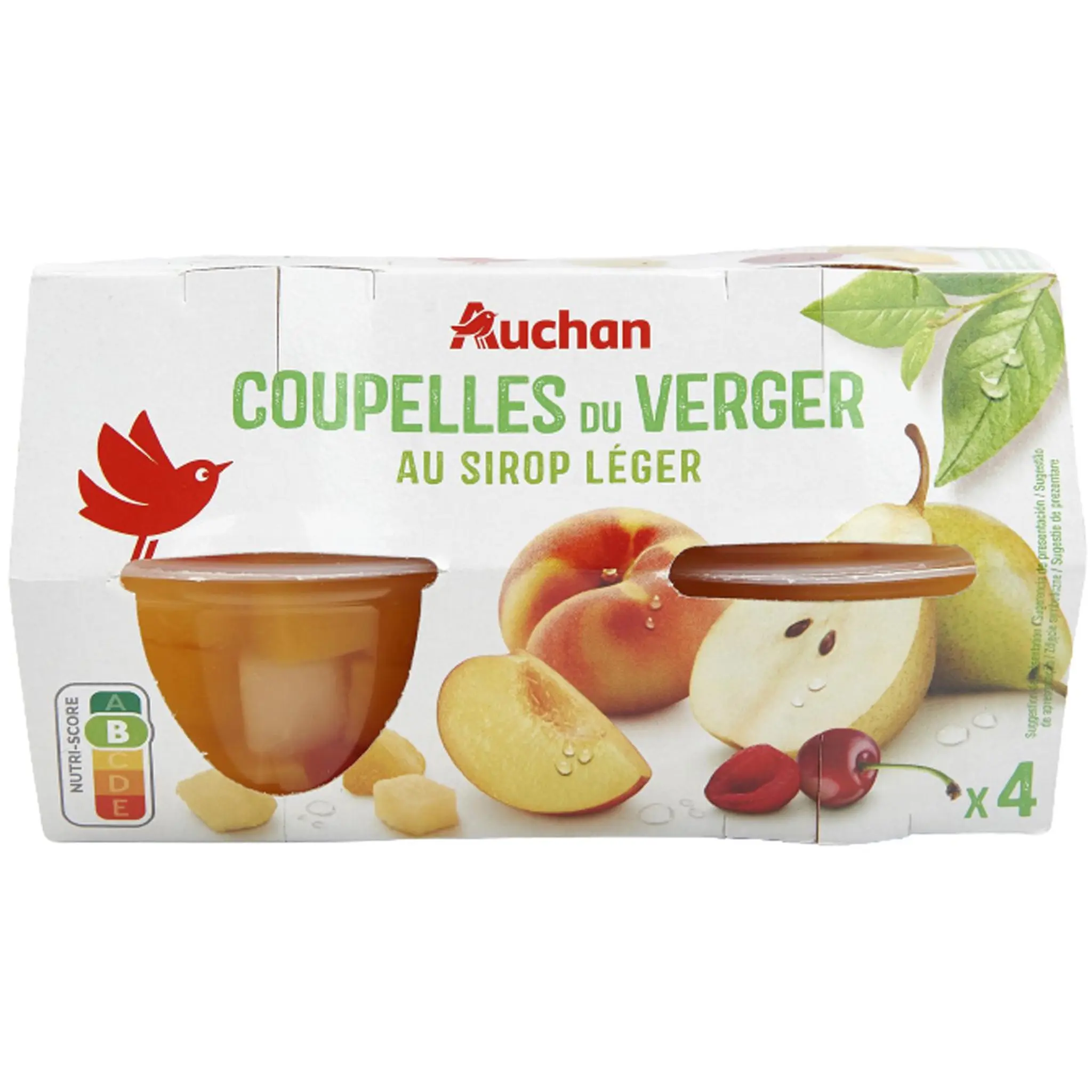 AUCHAN Coupelles à la pêche poire et bigarreaux du verger au sirop léger