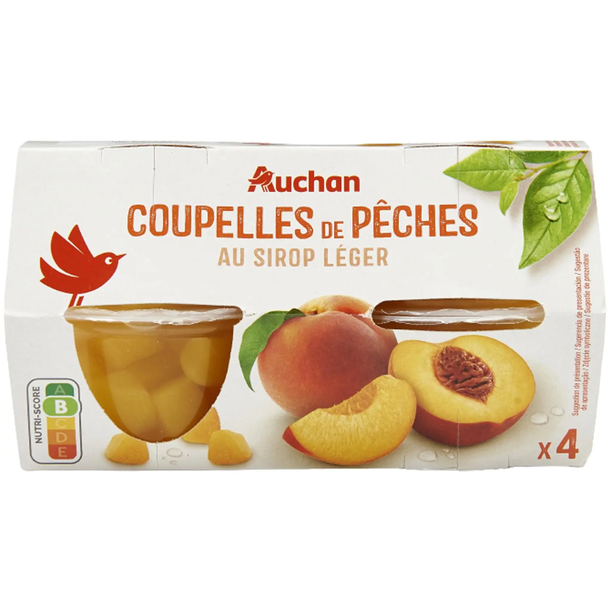 AUCHAN Coupelles de pêches au sirop léger