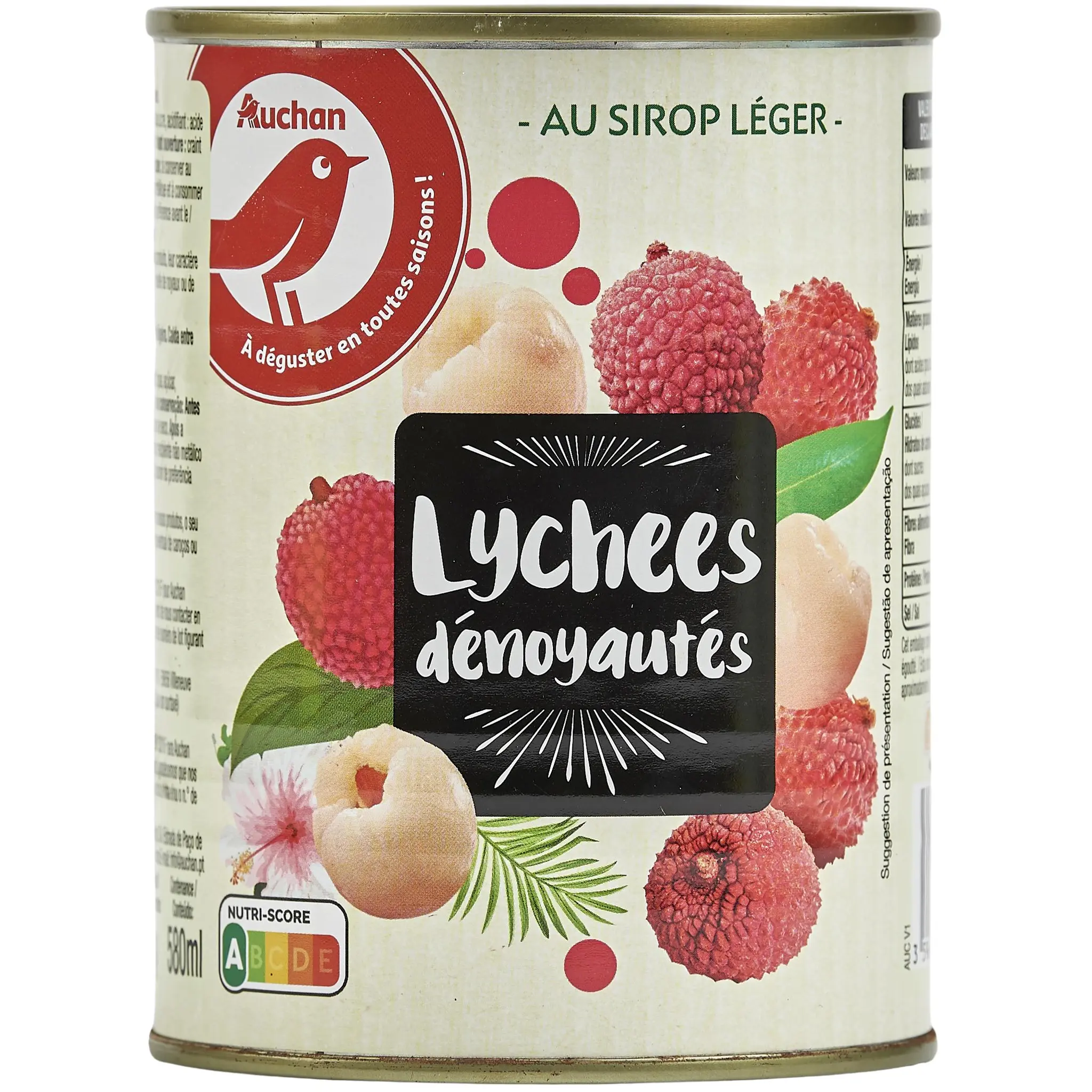 AUCHAN Lychees dénoyautés au sirop léger