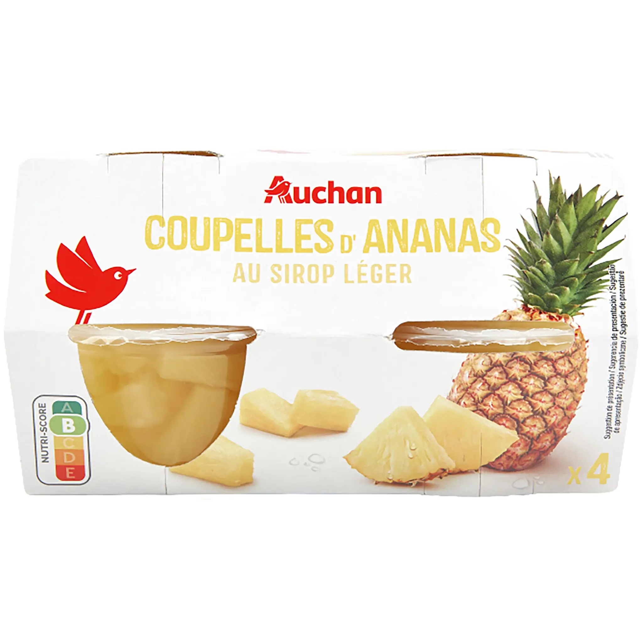 AUCHAN Coupelles d'ananas au sirop léger