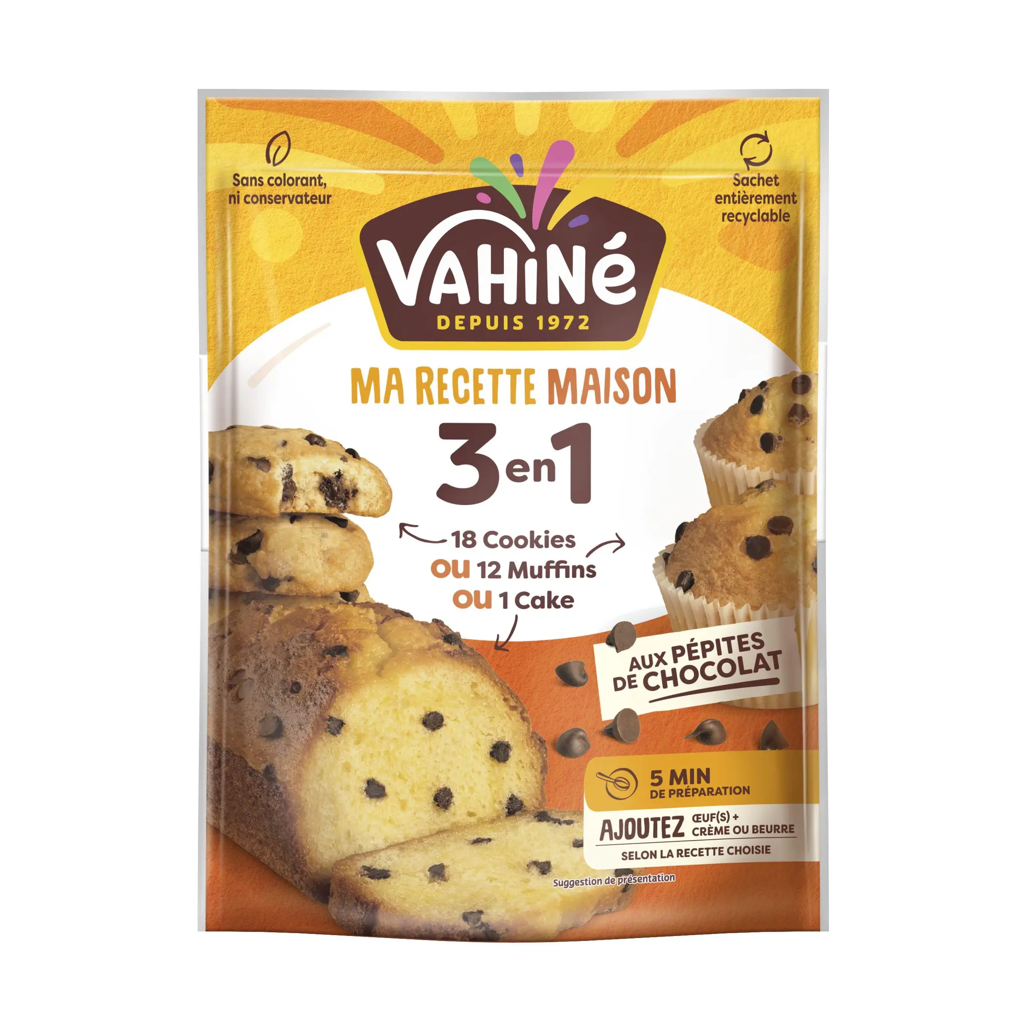 VAHINE Ma recette maison préparation 3 en 1 pour cookies muffins ou cake