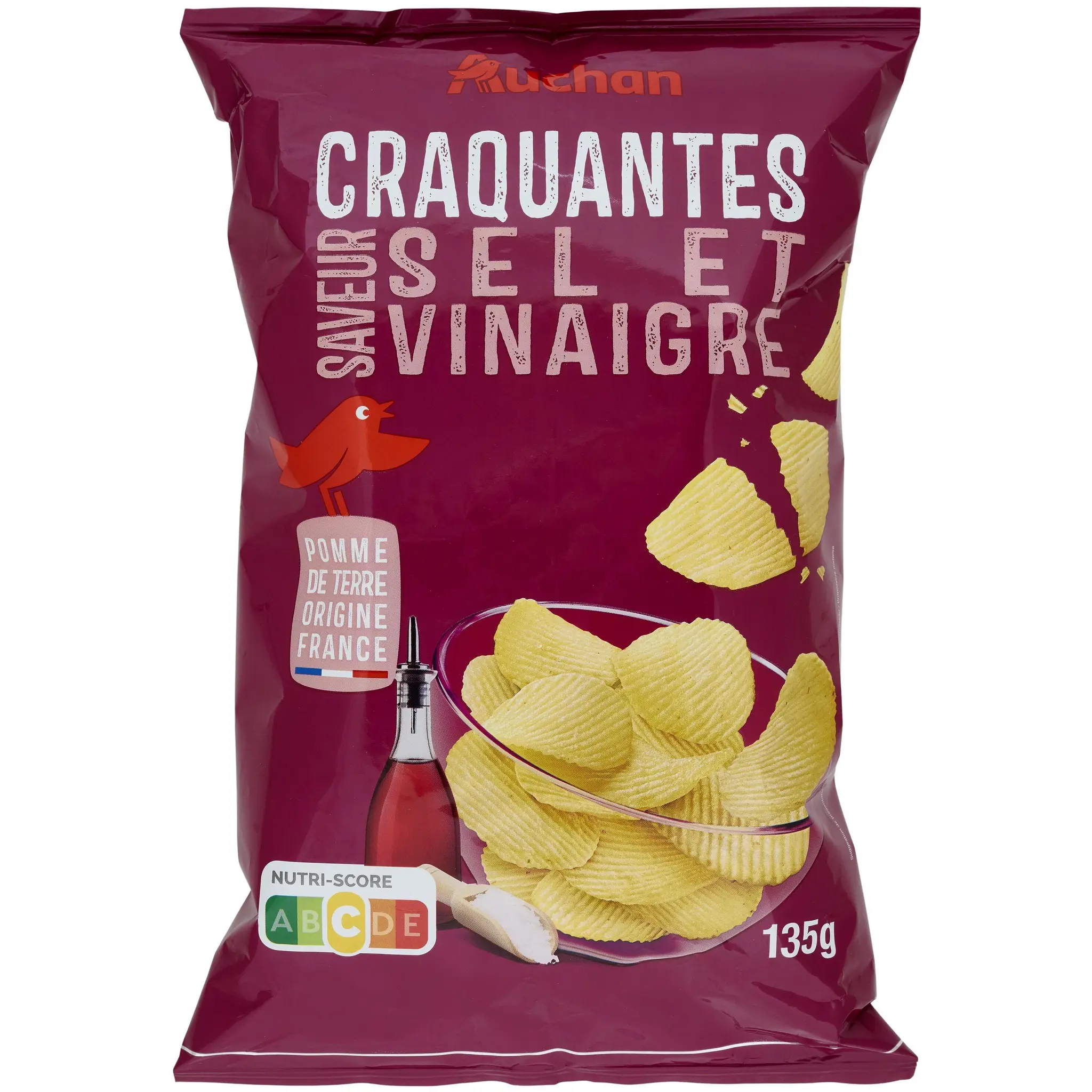 AUCHAN Chips ondulées saveur sel et vinaigre