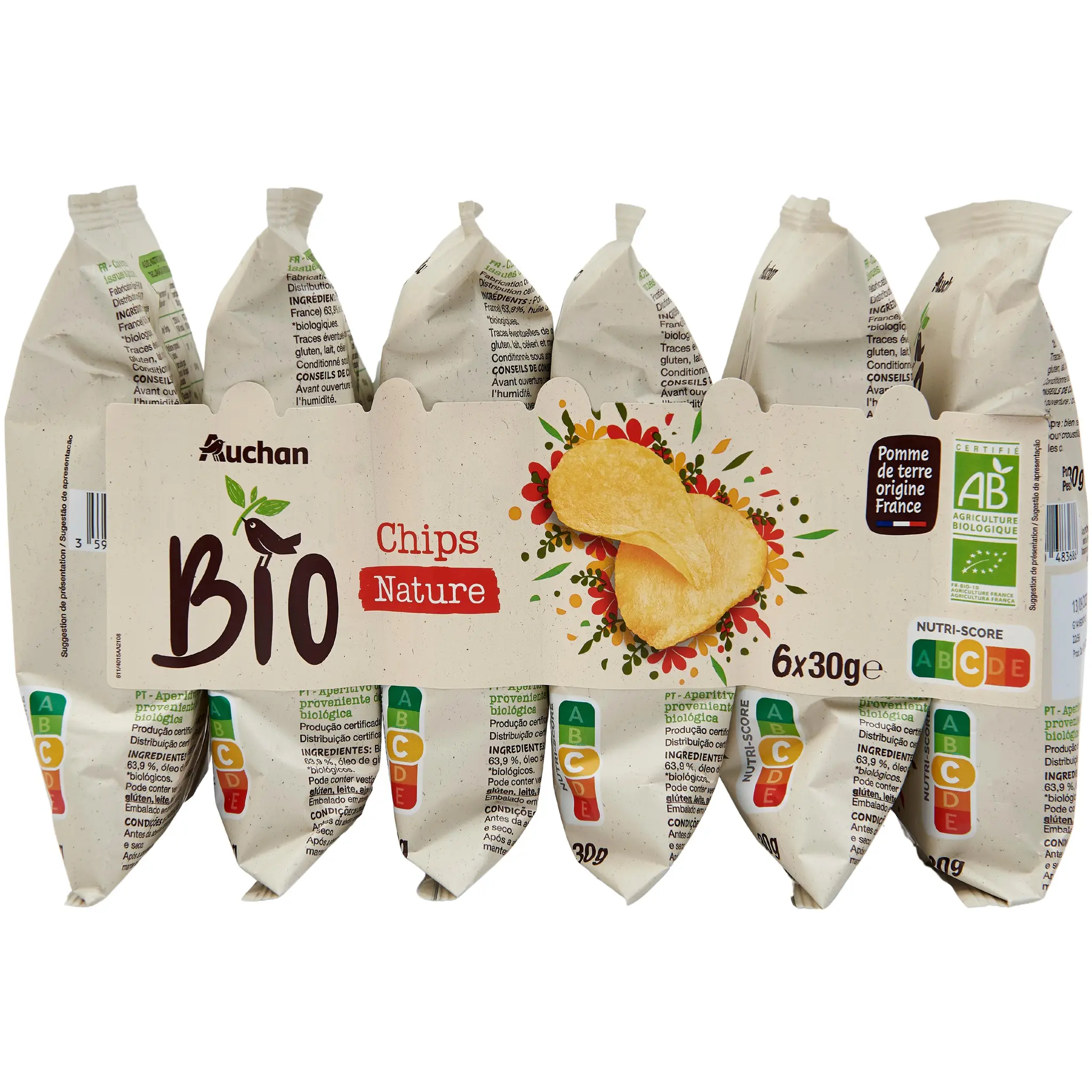 AUCHAN BIO Chips nature en sachets individuels