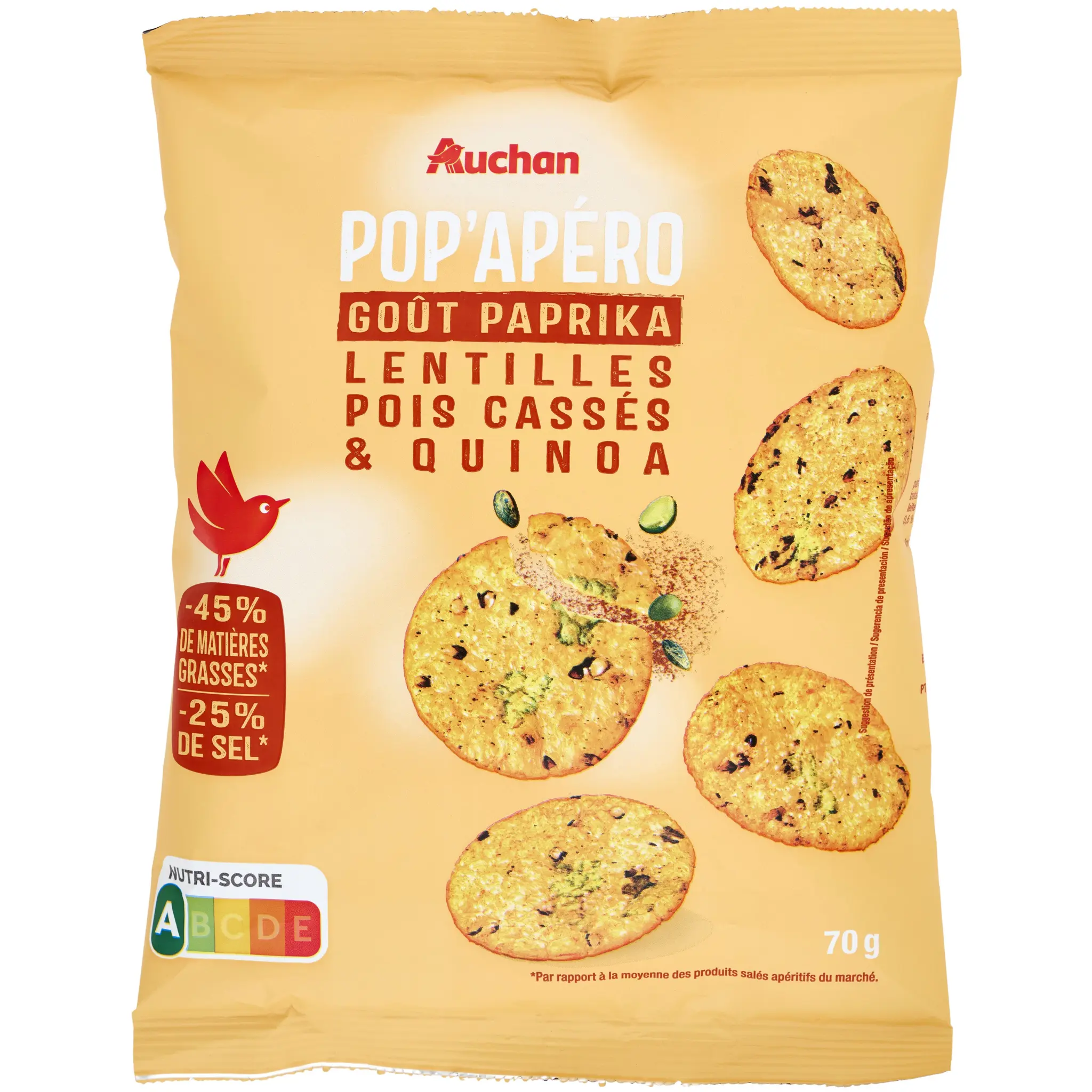 AUCHAN Pop'apero biscuits soufflées saveur paprika aux lentilles pois cassés et quinoa