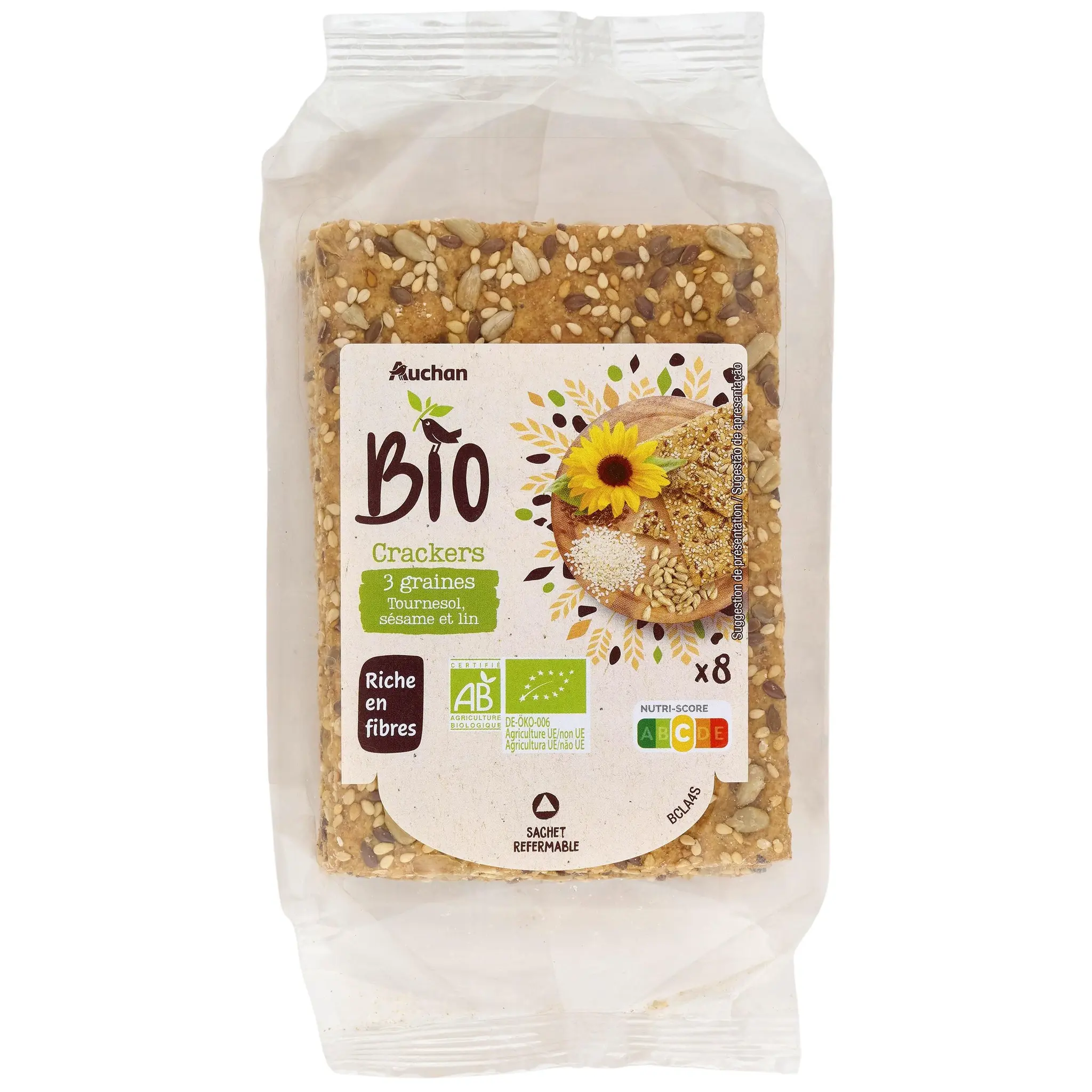 AUCHAN BIO Crackers 3 graines tournesol sésame et lin