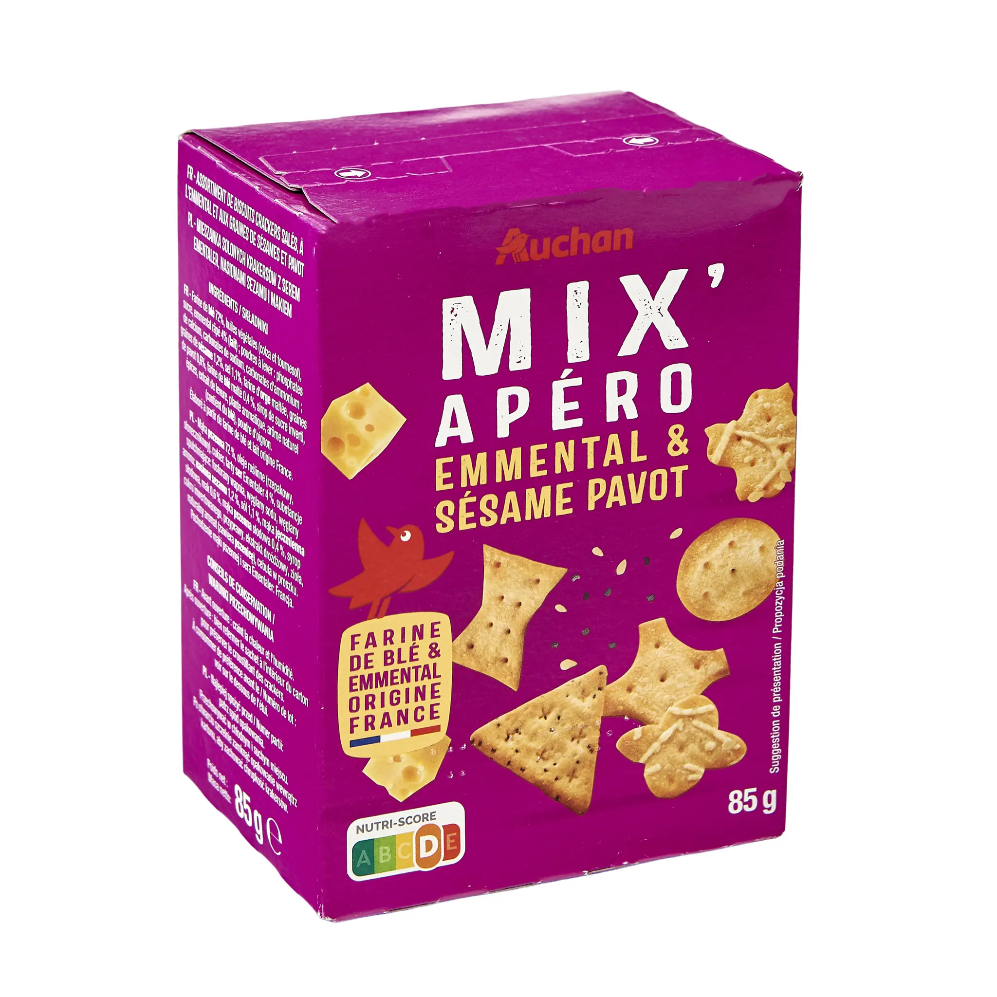 AUCHAN Mix' Apéro assortiment de biscuits saveur emmental sésame pavot