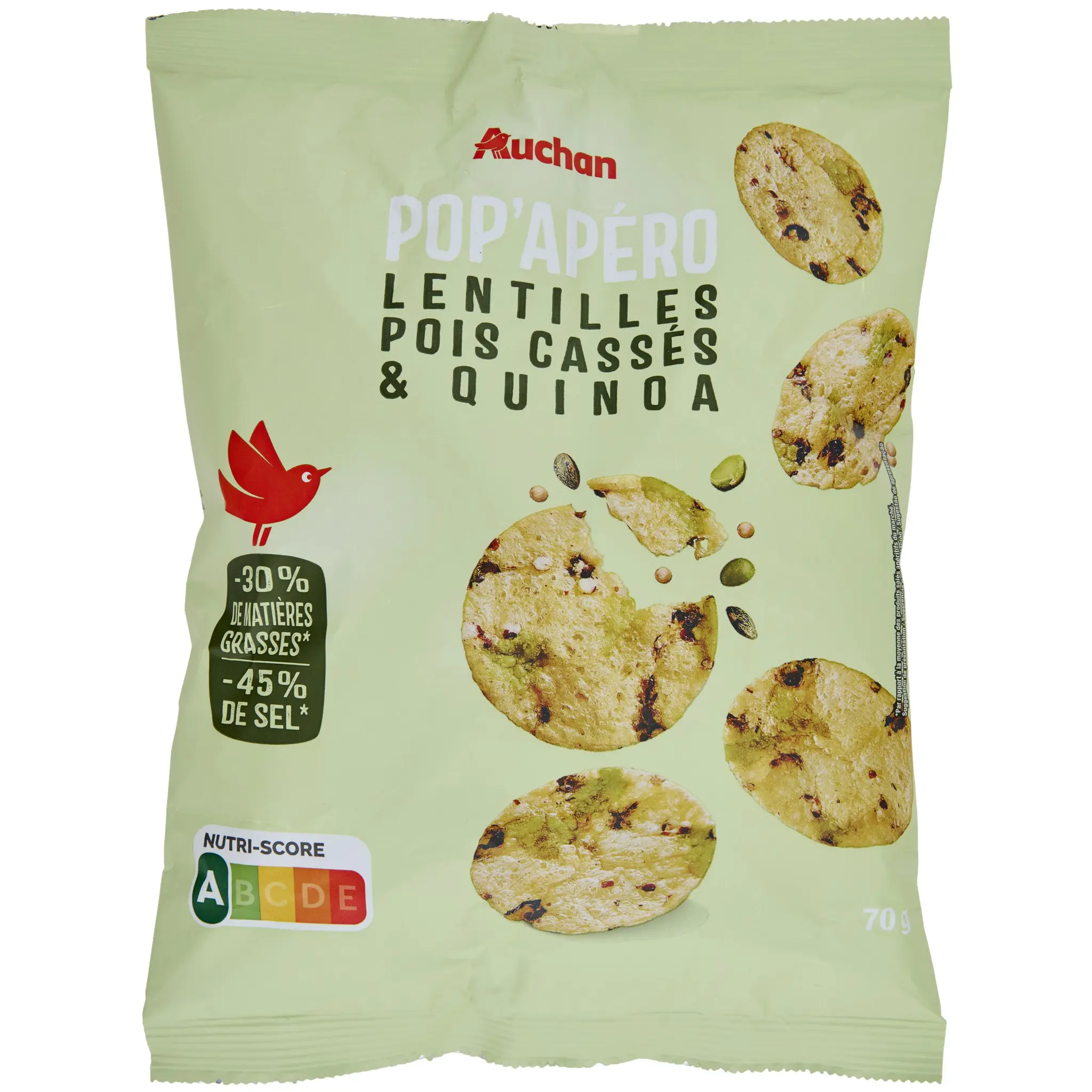 AUCHAN Pop'Apéro crackers aux lentilles pois cassés et quinoa