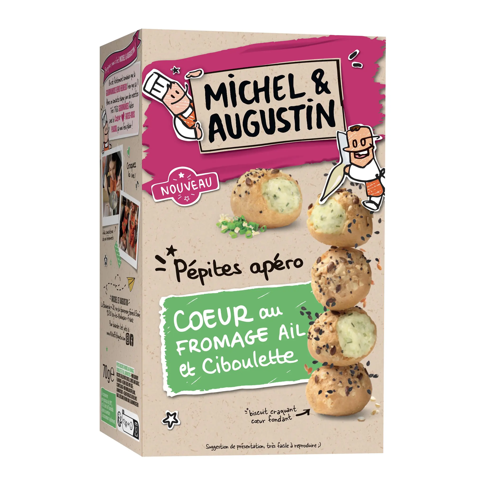 MICHEL ET AUGUSTIN Pépites apéro biscuits salés fourrés fromage ail et ciboulette au sel de Guérande
