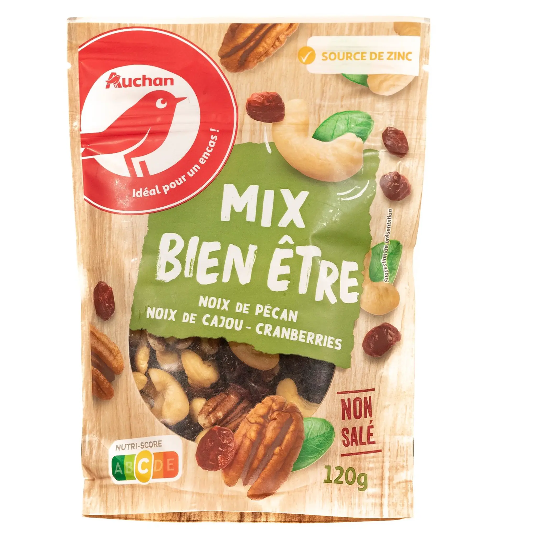 AUCHAN Mélange bien être noix cajou, noix pécan et cranberries