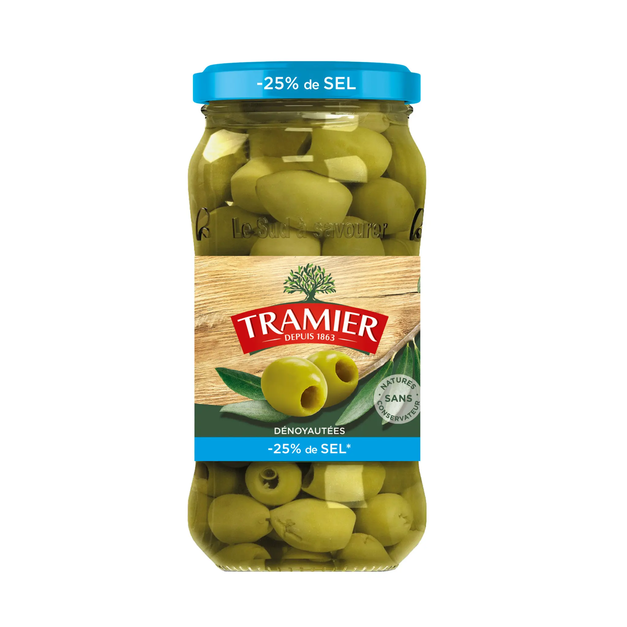 TRAMIER Olives vertes dénoyautées natures -25% de sel