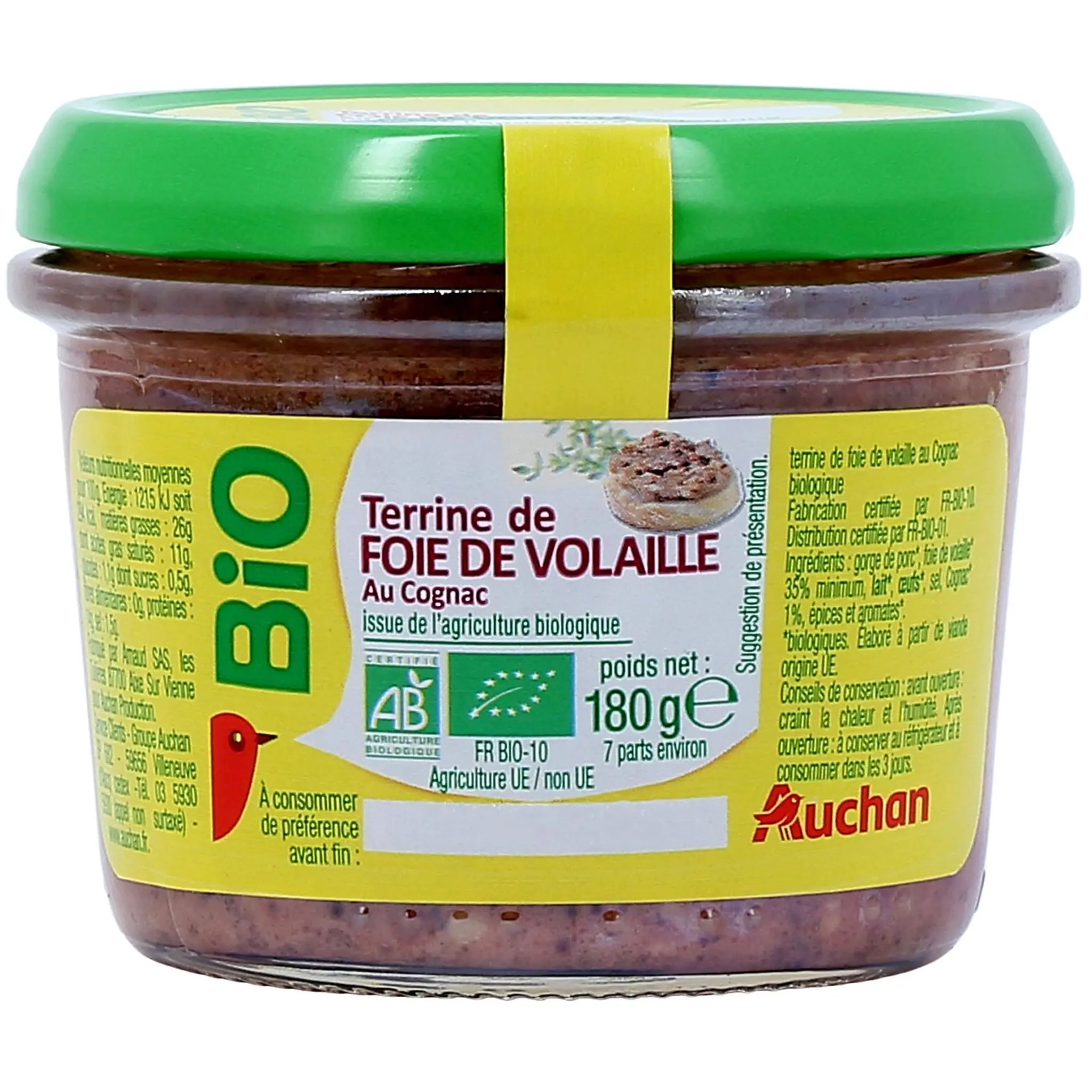 AUCHAN BIO Terrine de foie de volaille au cognac