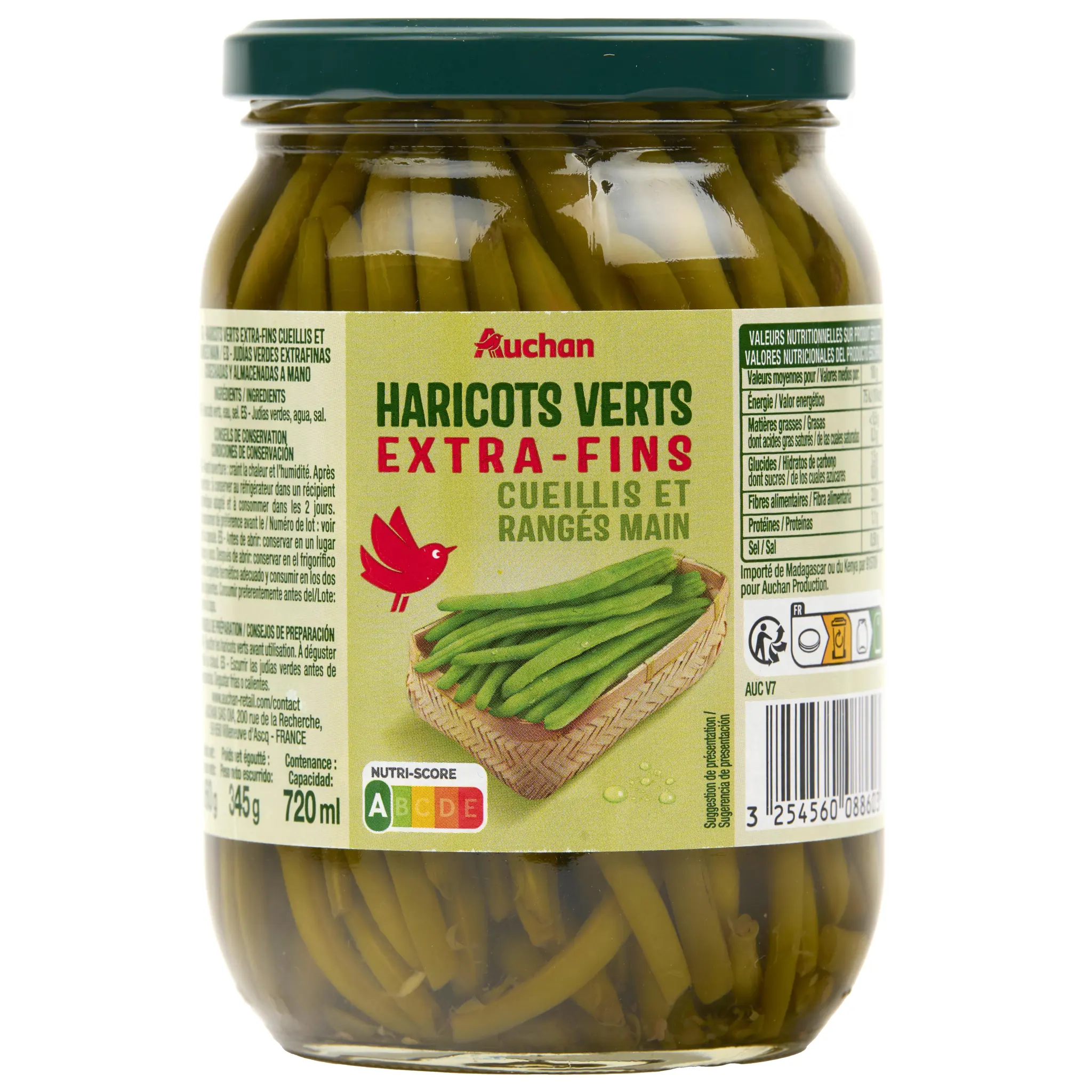 AUCHAN Haricots verts extra fins cueillis et rangés main en bocal