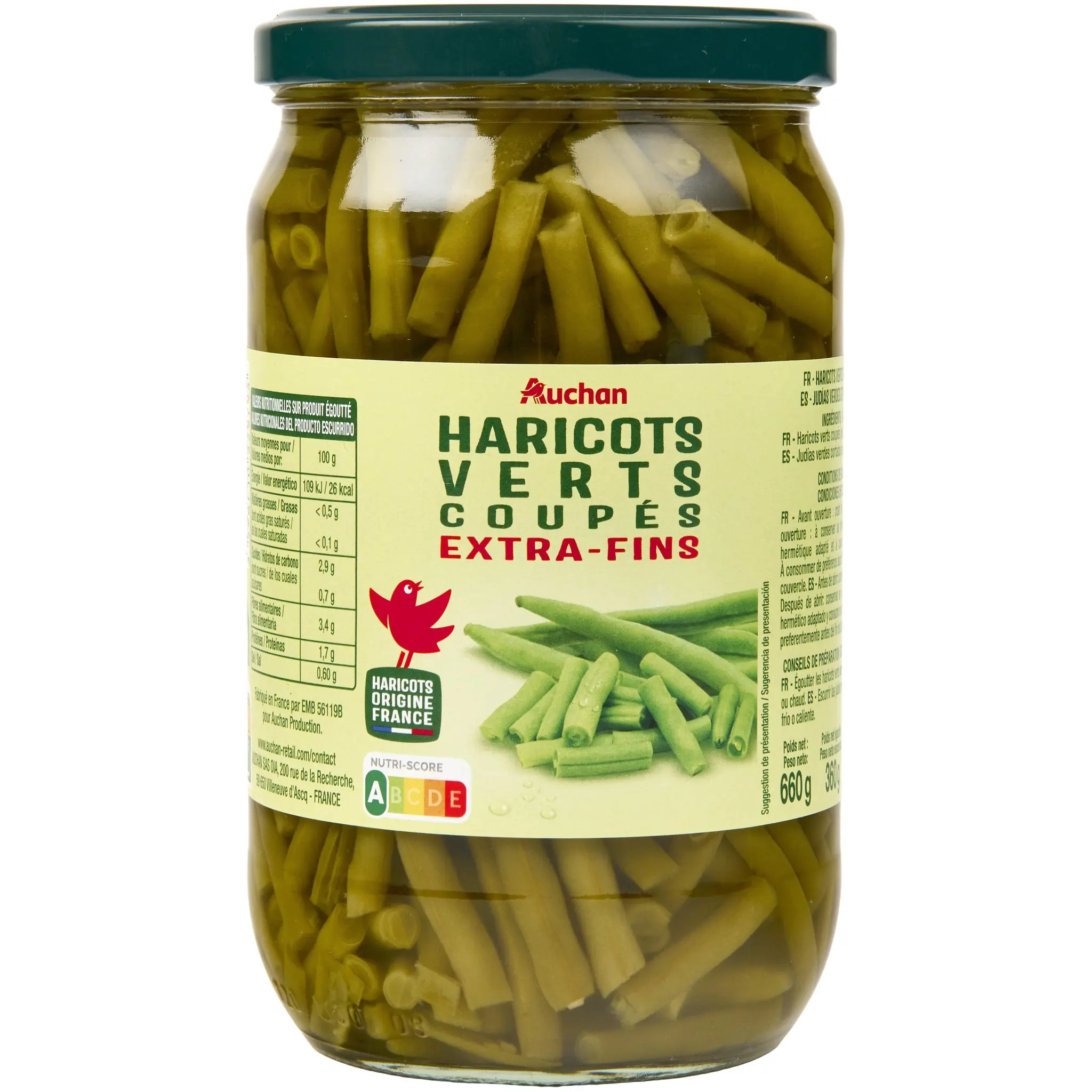 AUCHAN Haricots verts extra fins en bocal