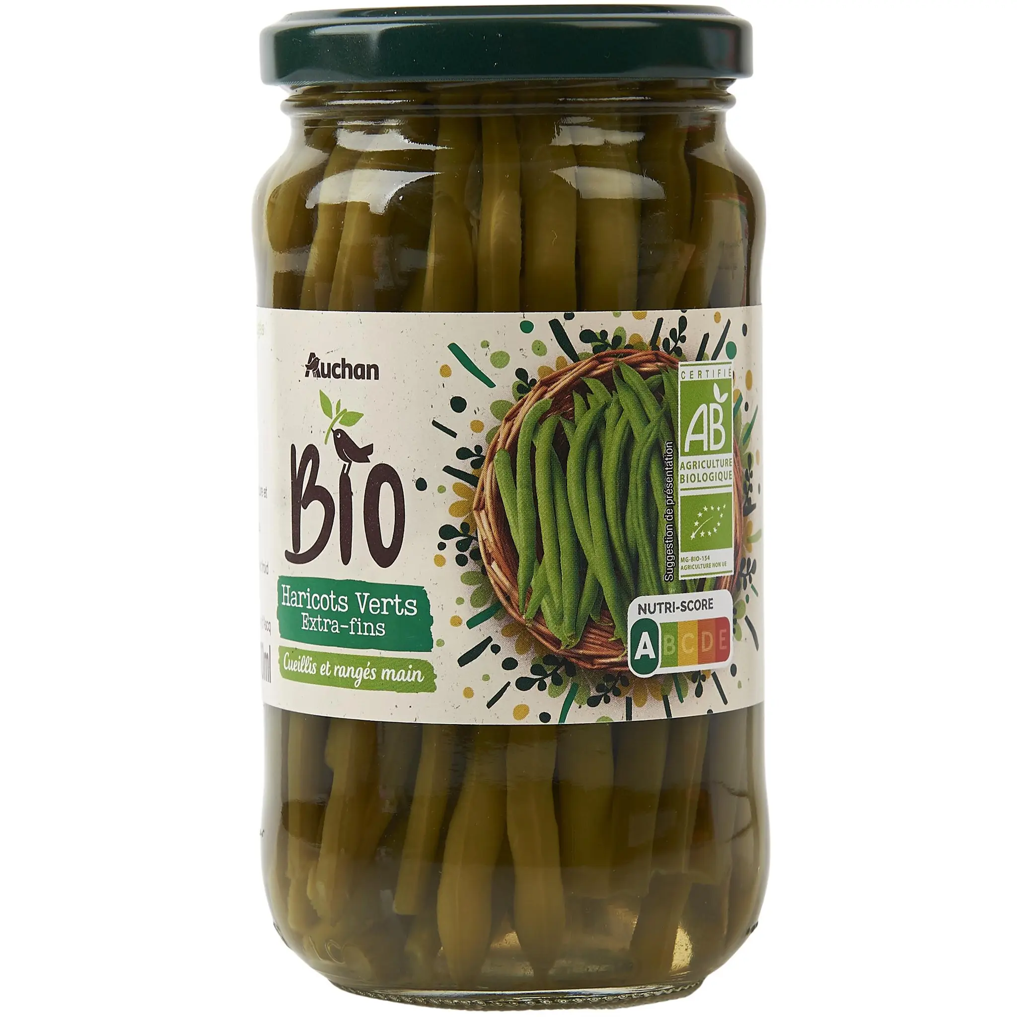 AUCHAN BIO Haricots verts extras fins cueillis et rangés main en bocal