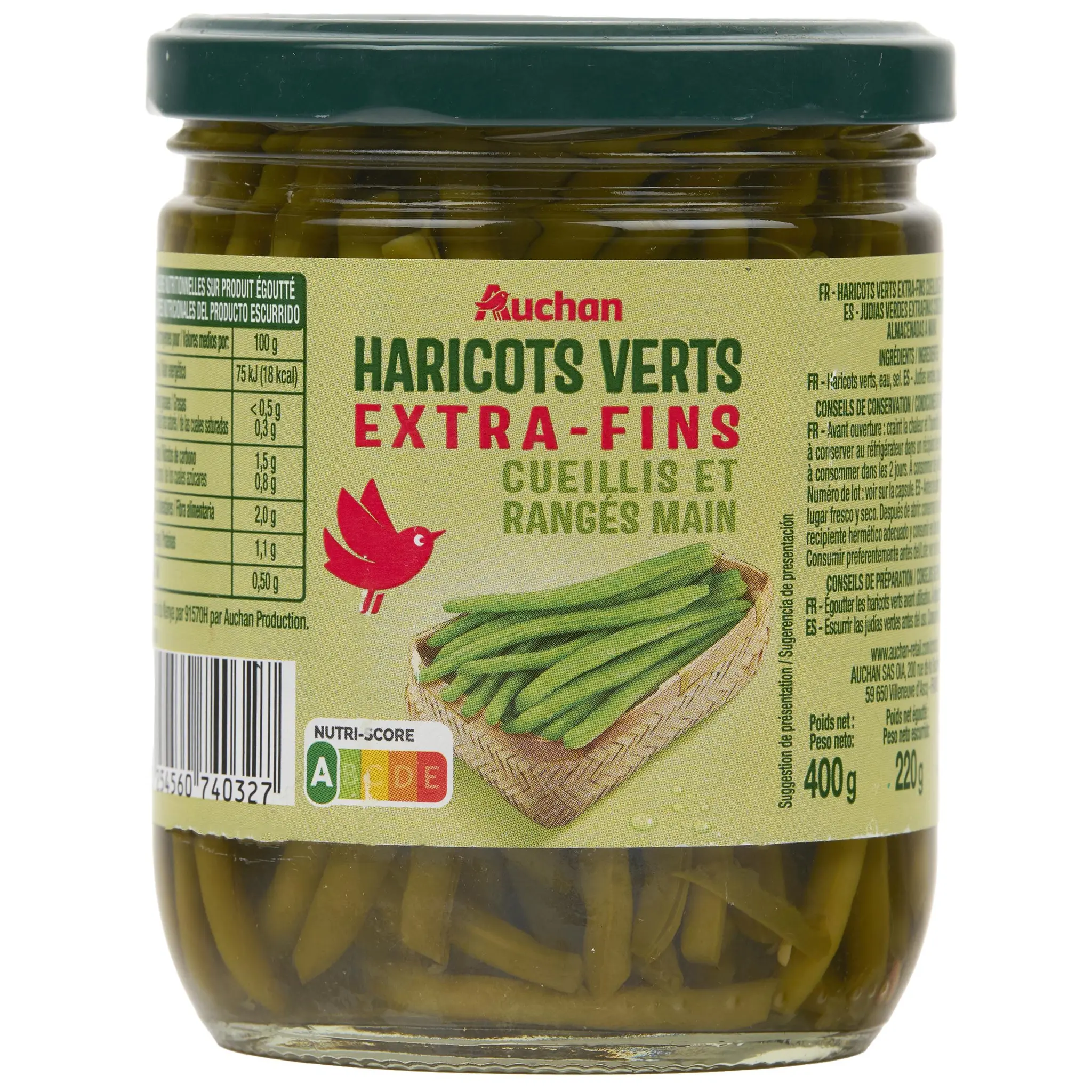 AUCHAN Haricots verts extra fins cueillis et rangés main en bocal