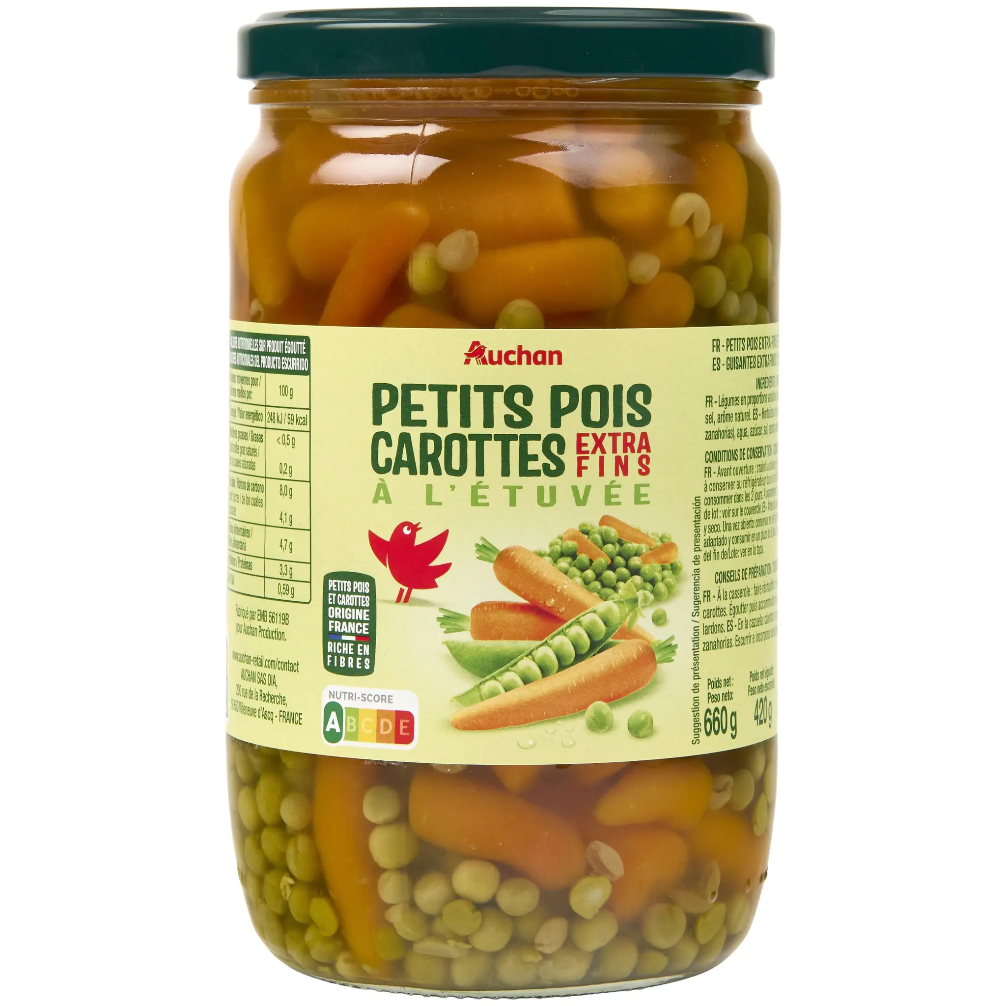 AUCHAN Petits pois carottes à l'étuvée extra fins en bocal