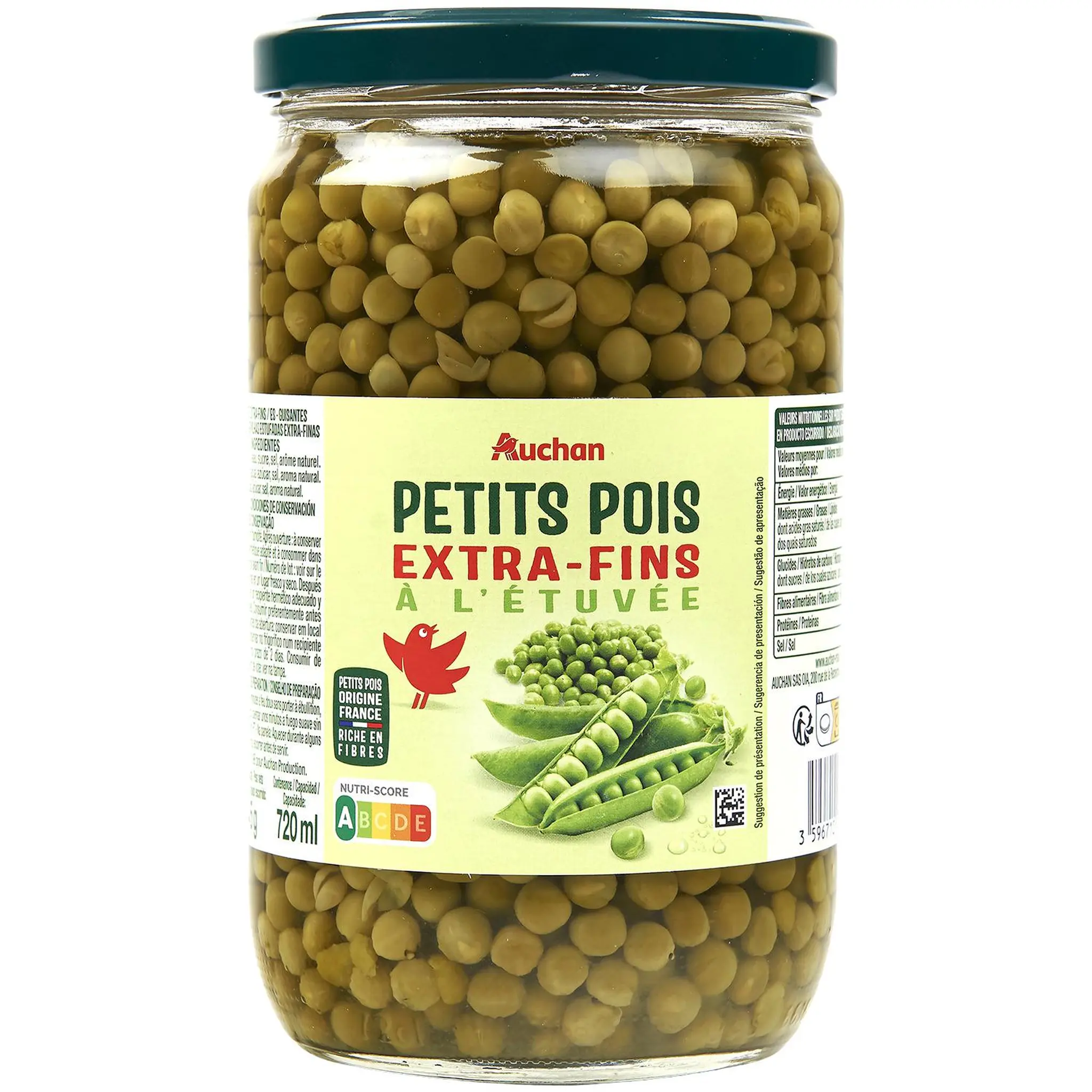 AUCHAN Petits pois extra fins à l'étuvée, en bocal