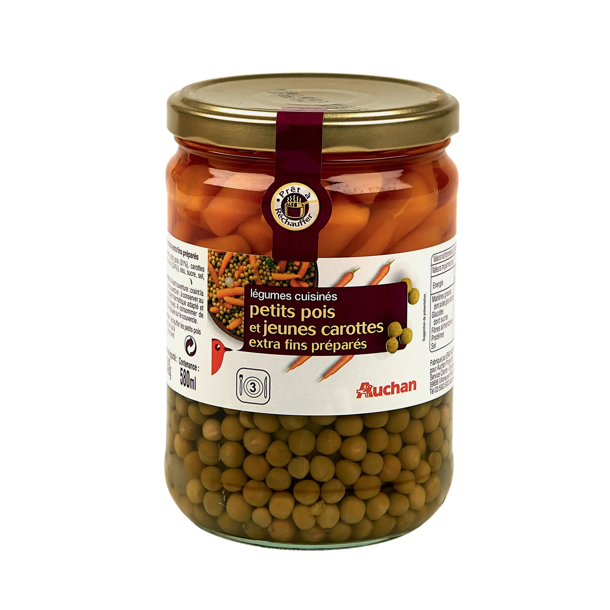 AUCHAN Légumes cuisinés petits pois carottes extra fins en bocal