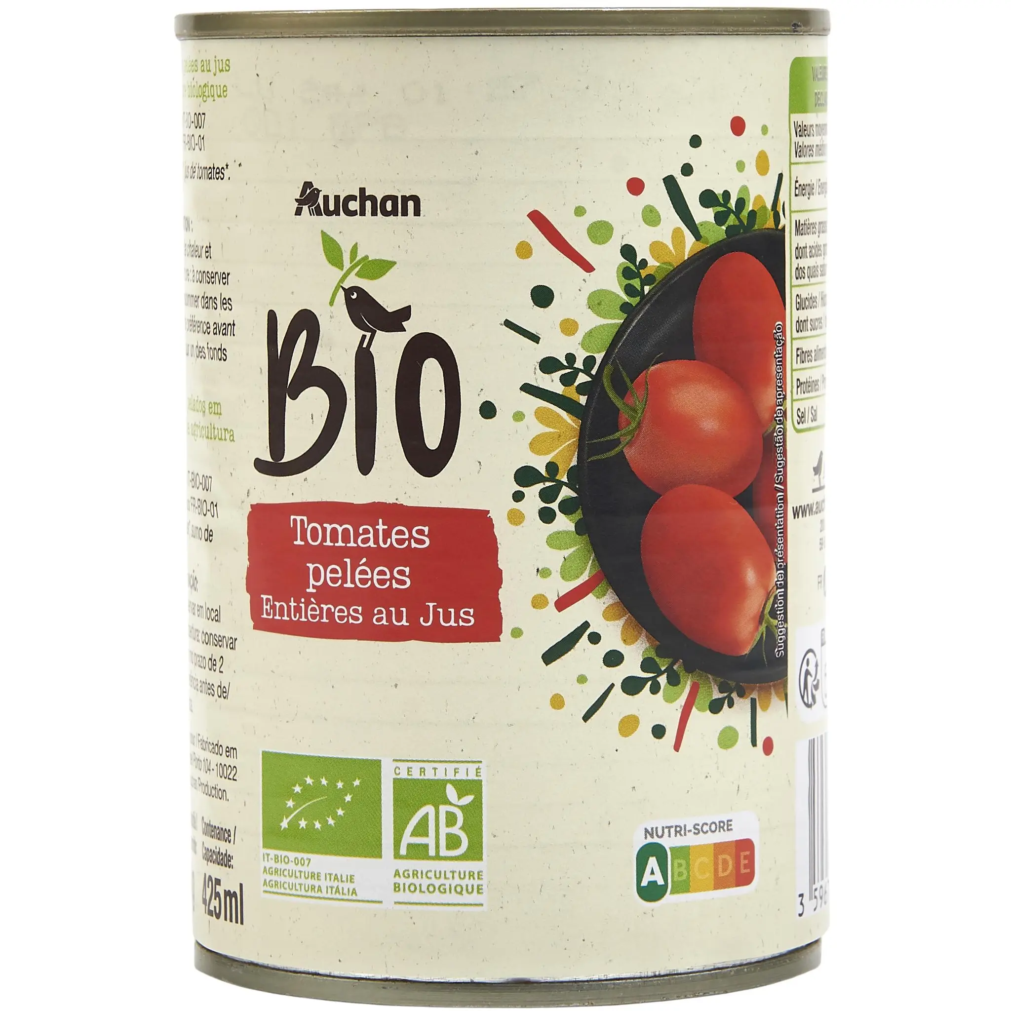 AUCHAN BIO Tomates pelées entières au jus de tomates