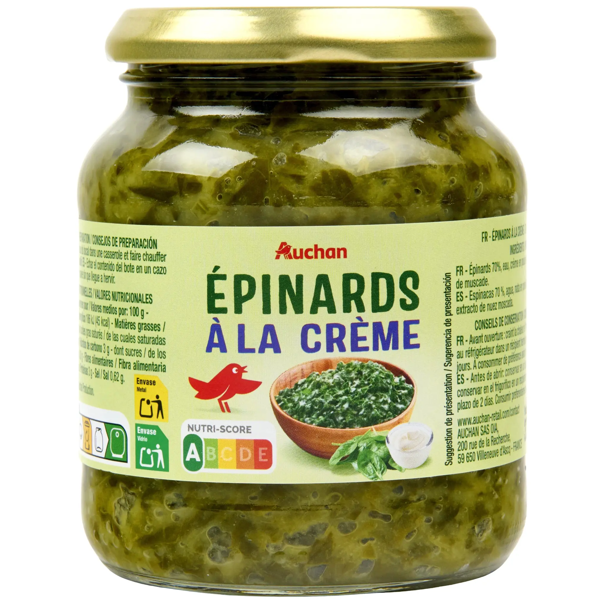 AUCHAN Epinard à la crème bocal