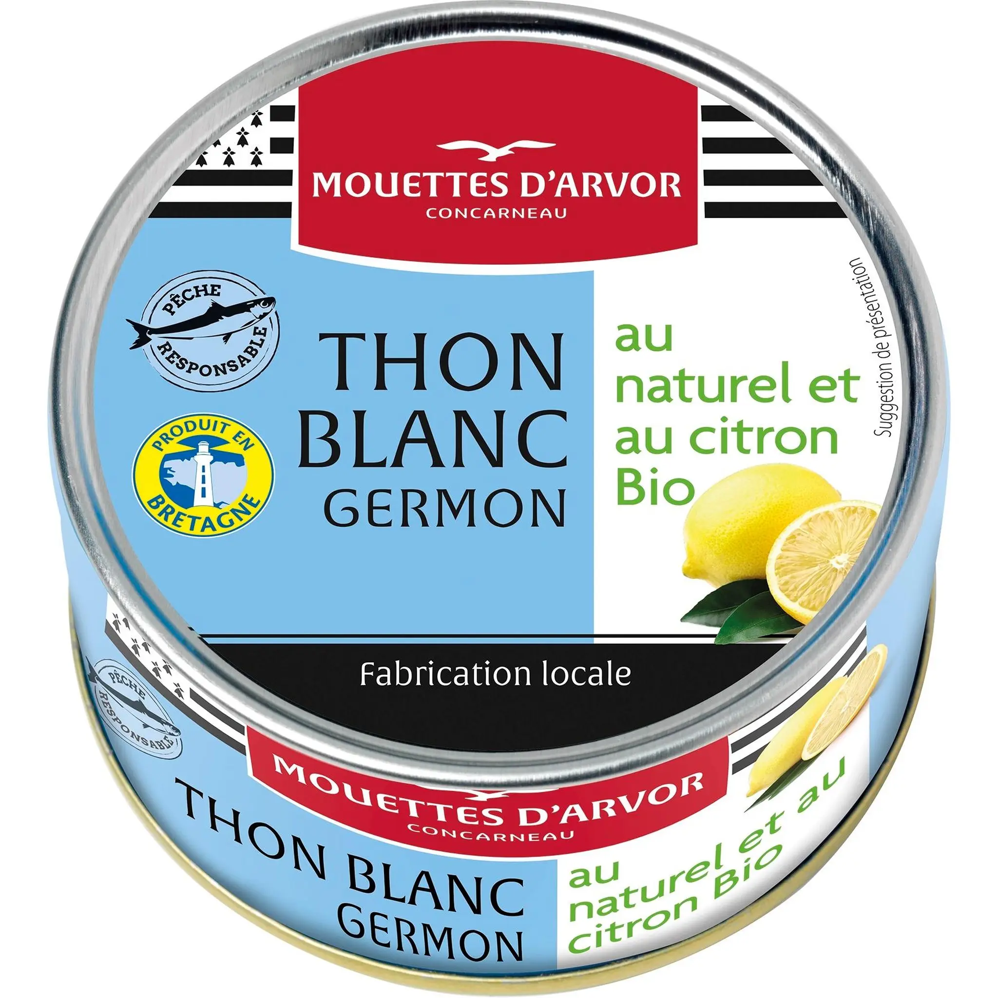 MOUETTES D'ARVOR Thon blanc germon au naturel au citron bio produit en Bretagne