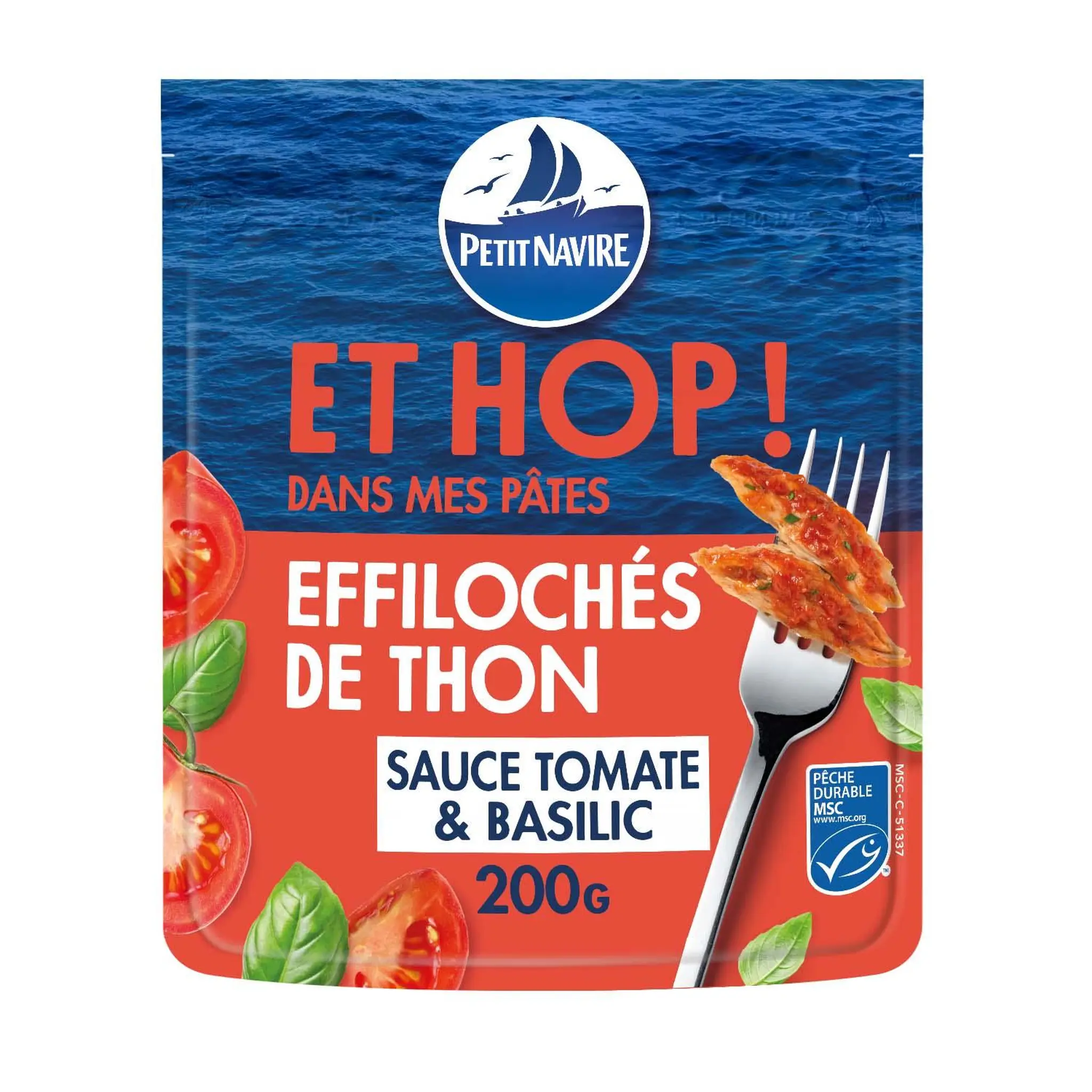 PETIT NAVIRE Et Hop! Effilochés de thon MSC à la sauce tomate et basilic