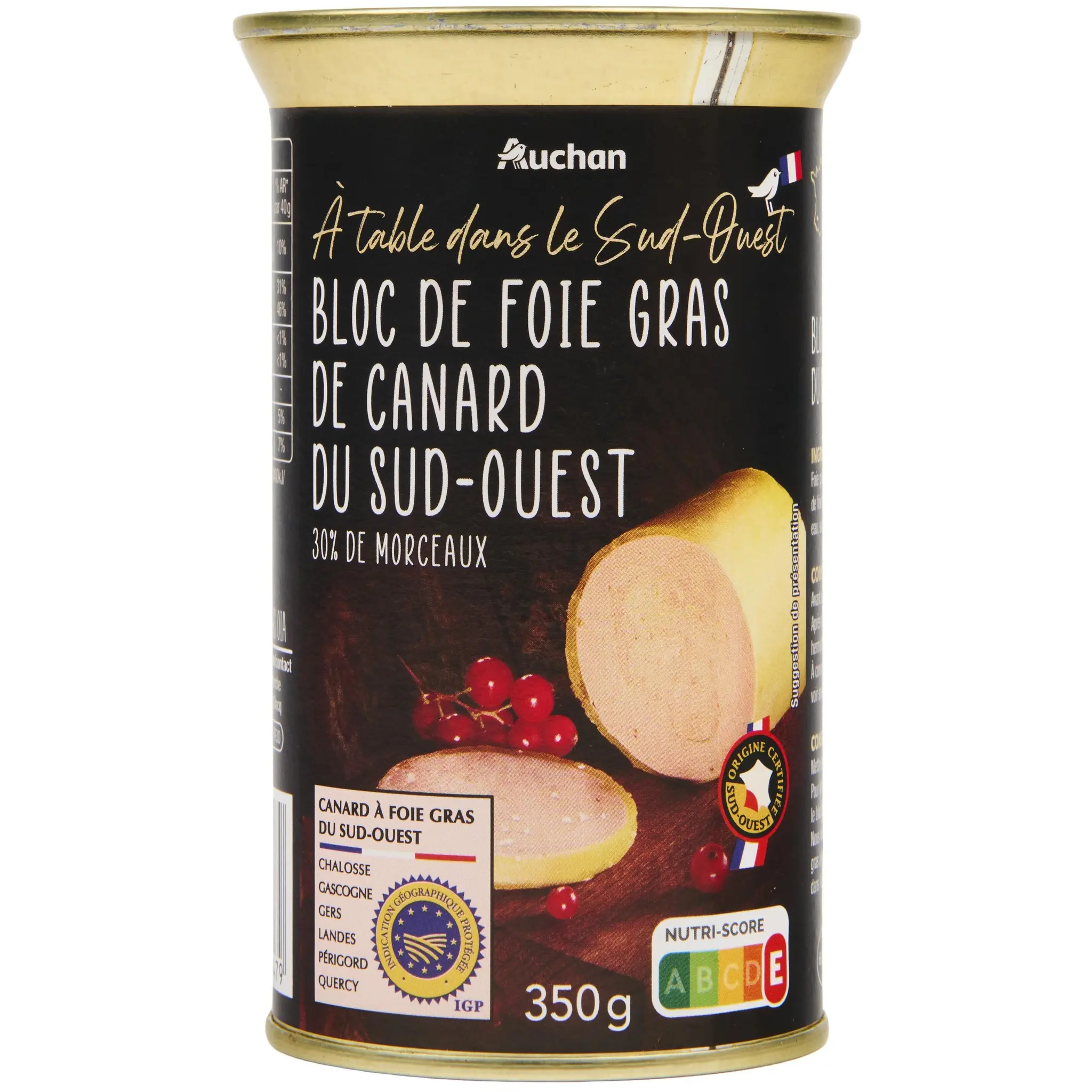 AUCHAN TERROIR Bloc de foie gras avec 30% de morceaux de canard IGP du Sud-Ouest