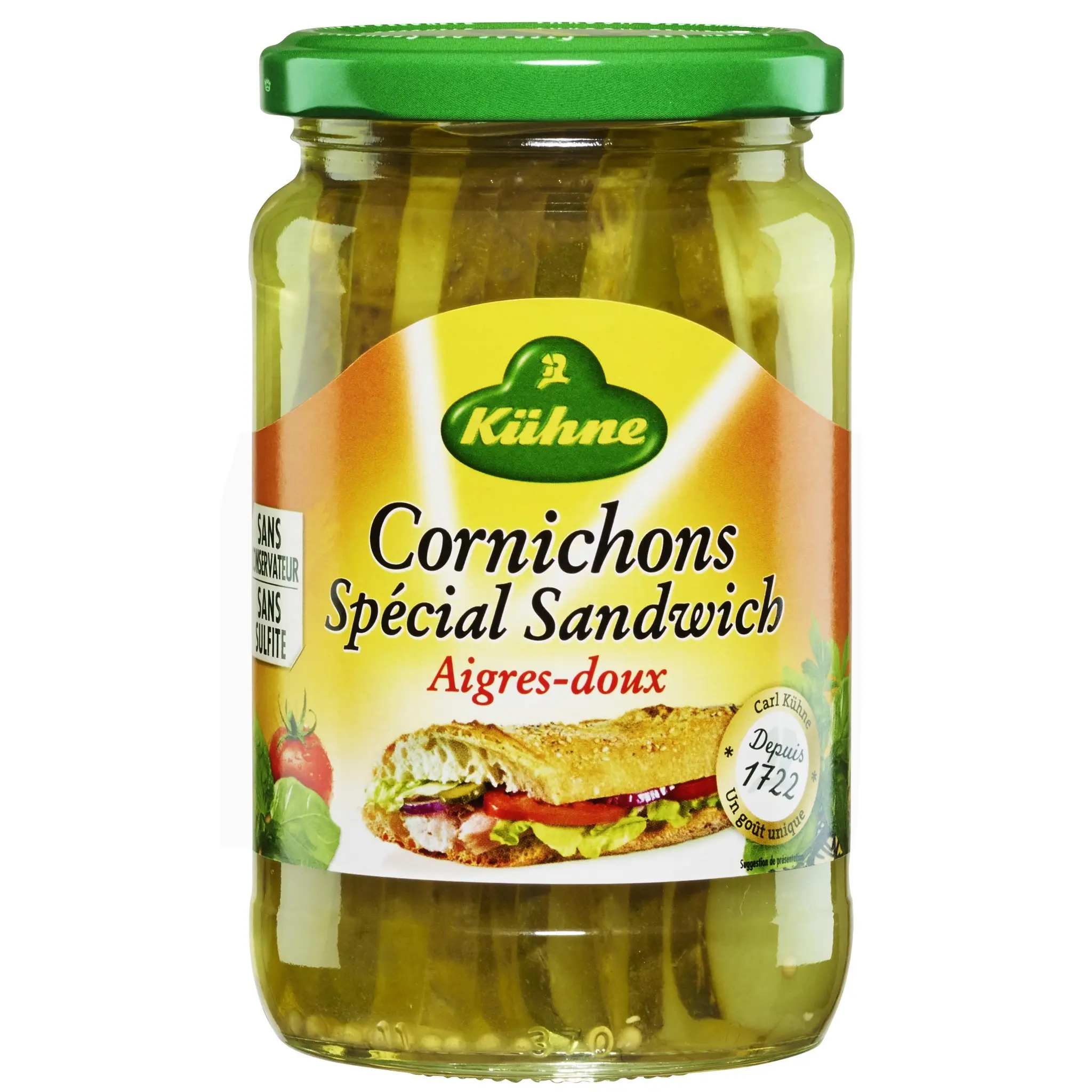 KUHNE Cornichons spécial sandwich aigres-doux sans conservateur sans sulfite