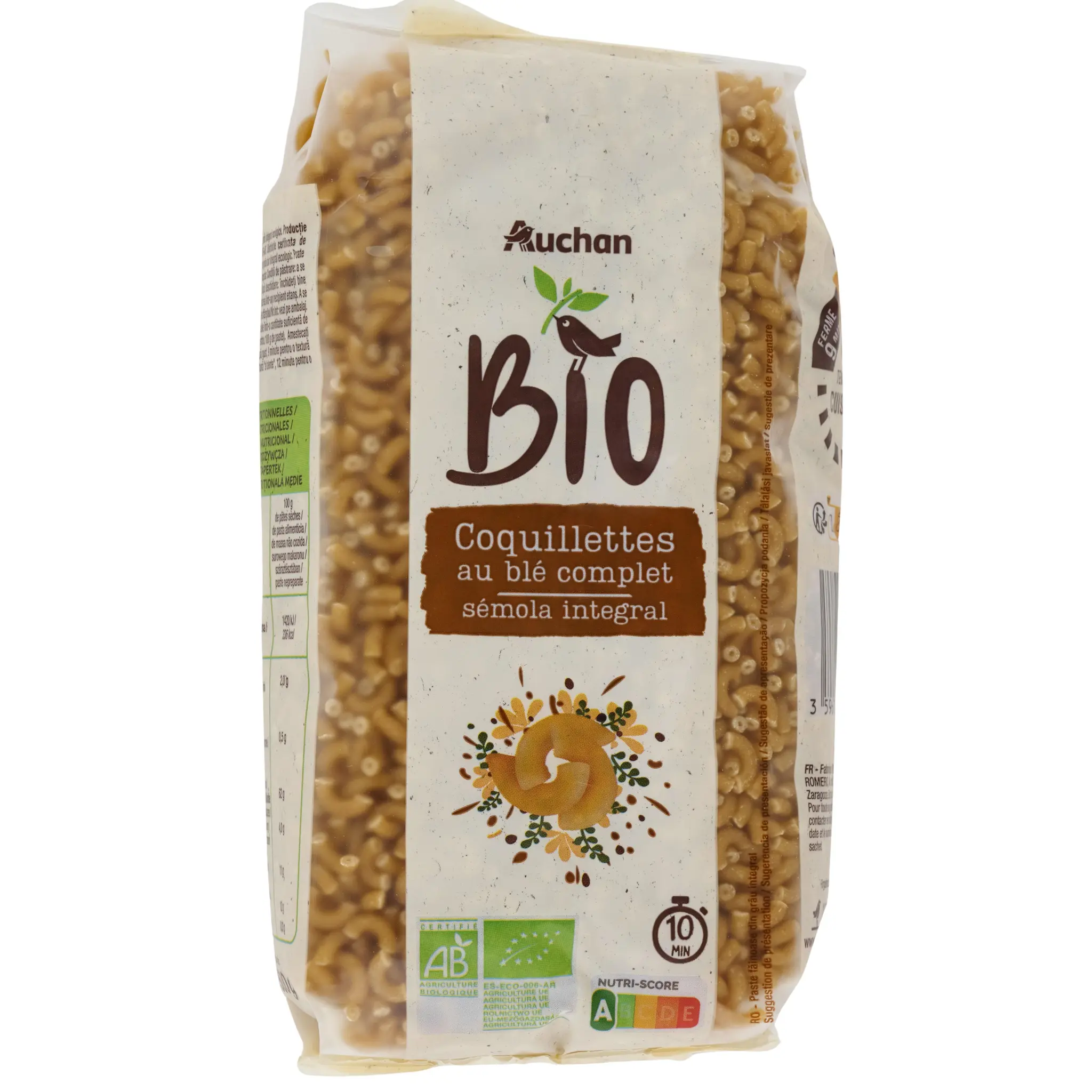 AUCHAN BIO Coquillettes intégrales au blé complet bio