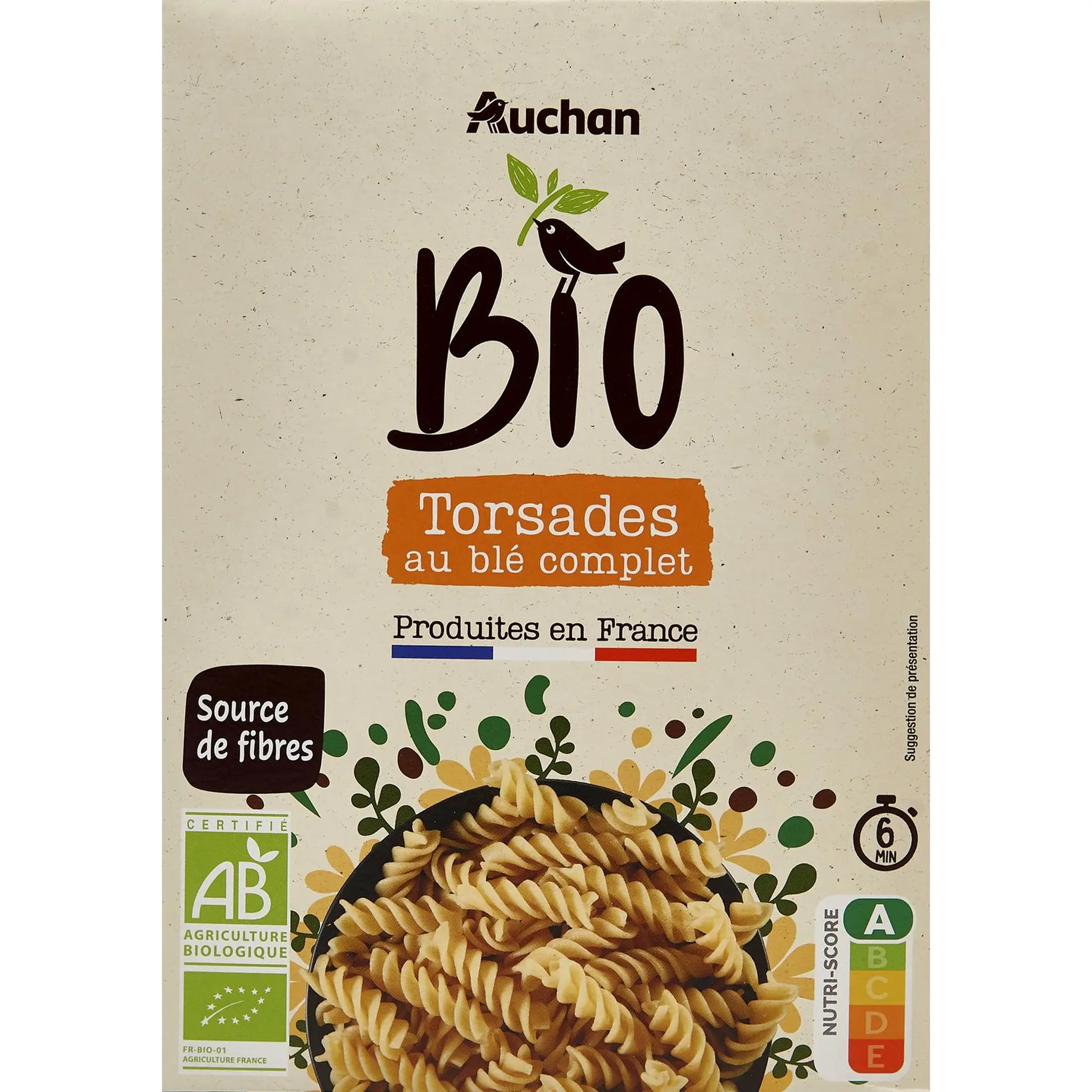 AUCHAN BIO CULTIVONS LE BON Torsades au blé complet cuisson rapide 6min