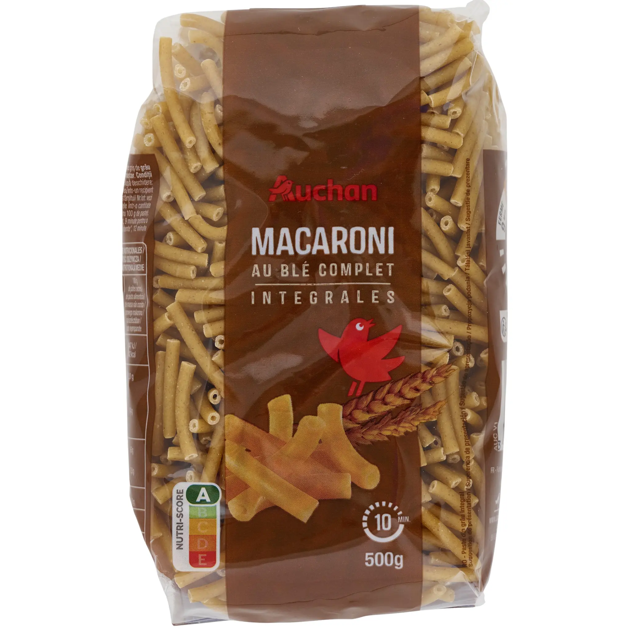 AUCHAN Macaroni intégrales blé complet