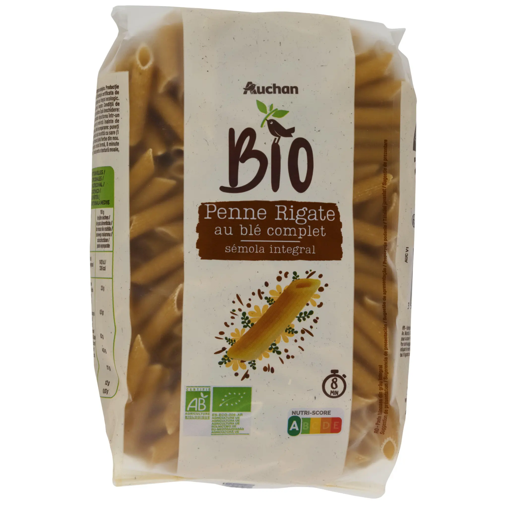 AUCHAN BIO Penne rigate intégrales au blé complet