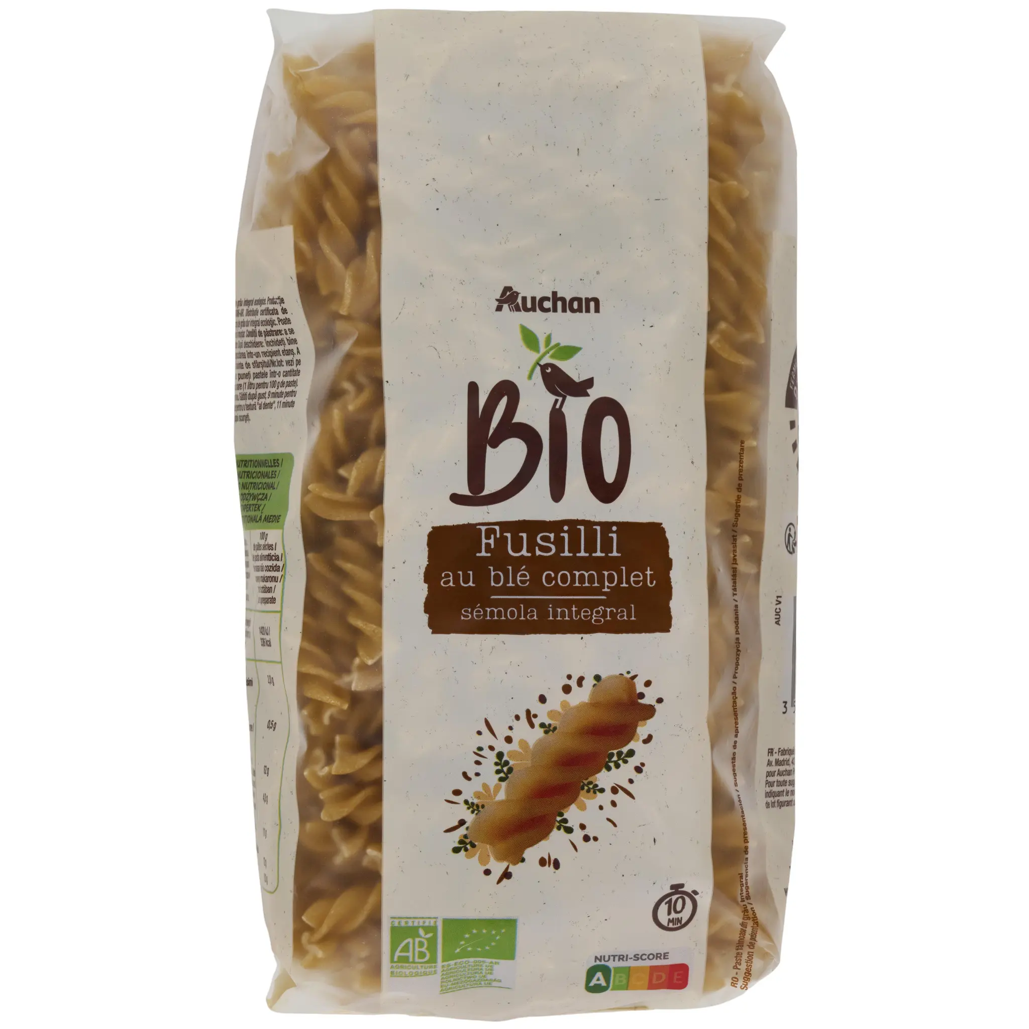 AUCHAN BIO Fusilli intégrales au blé complet bio
