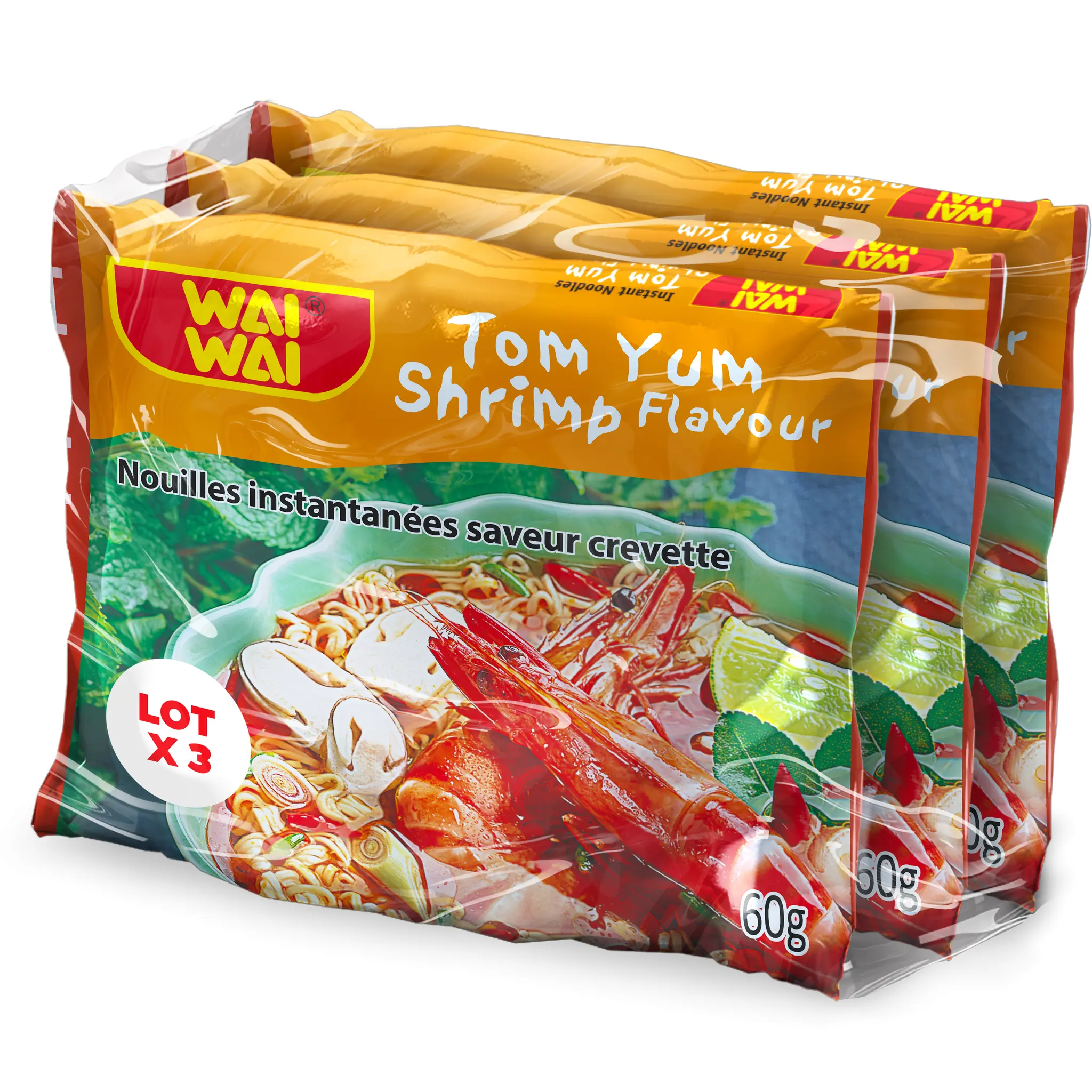 WAI WAI Nouilles asiatiques instantanées saveur crevettes sachets