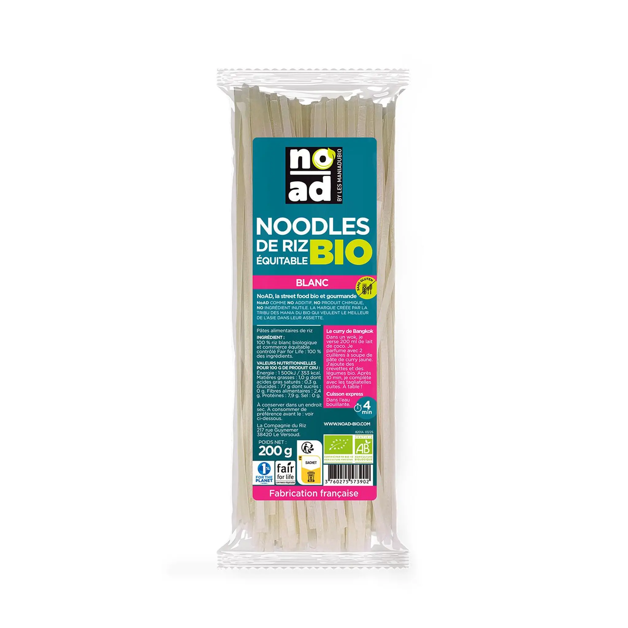 NOAD Véritables Noodles thaïes de riz blanc bio cuisson rapide 4min