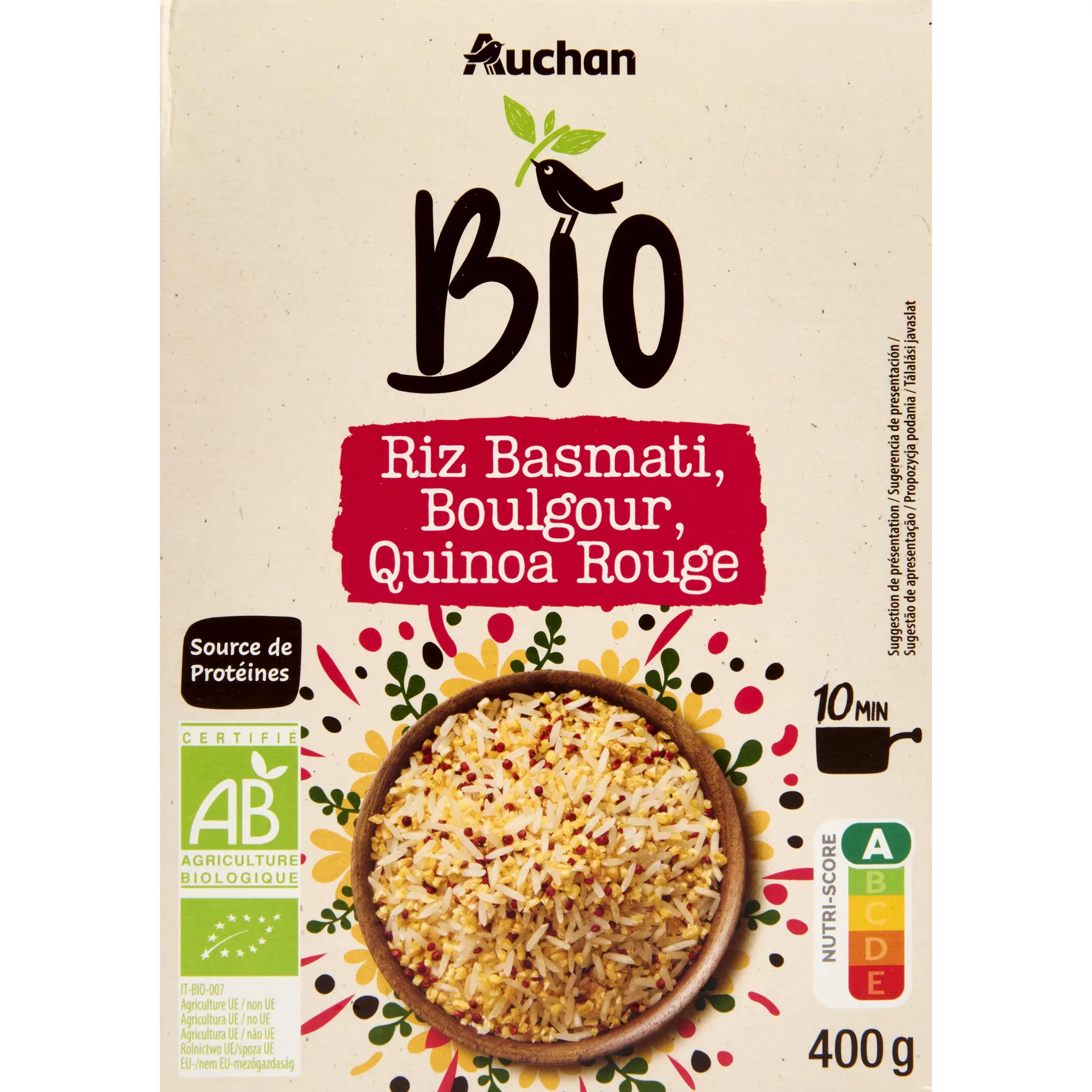 AUCHAN BIO Riz basmati boulgour quinoa rouge prêt en 10min