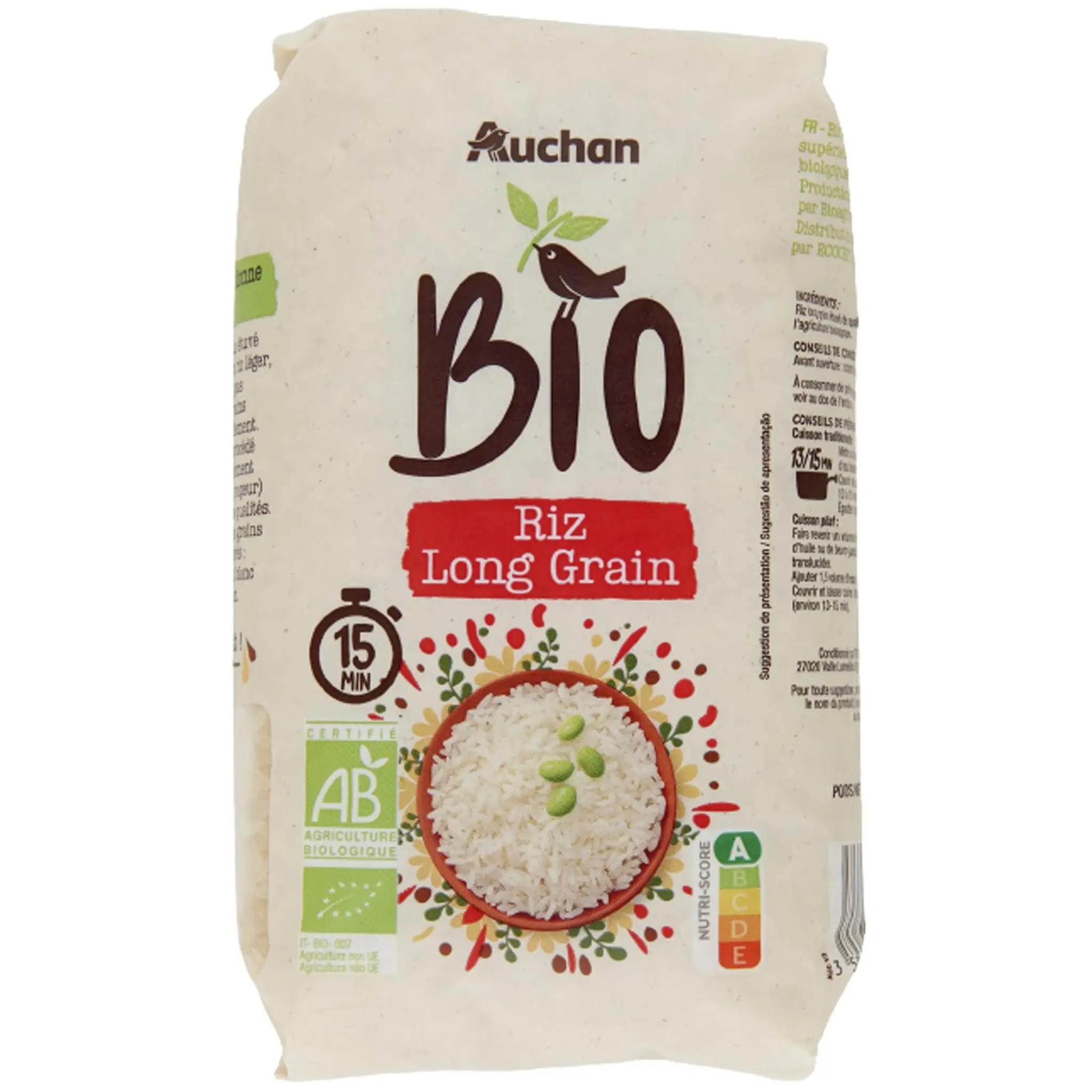 AUCHAN BIO Riz Long grain incollable prêt en 13-15min