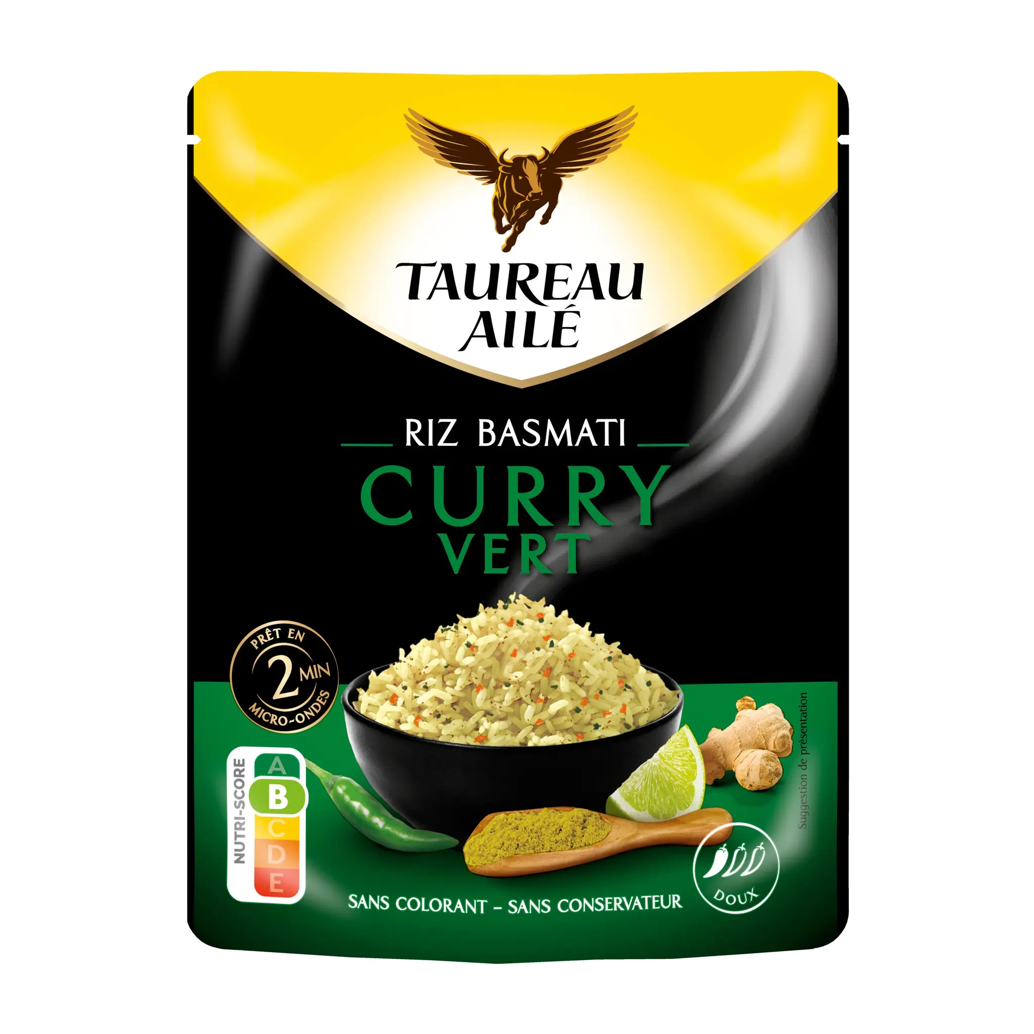 TAUREAU AILE Riz basmati aux légumes et au curry vert sachet express