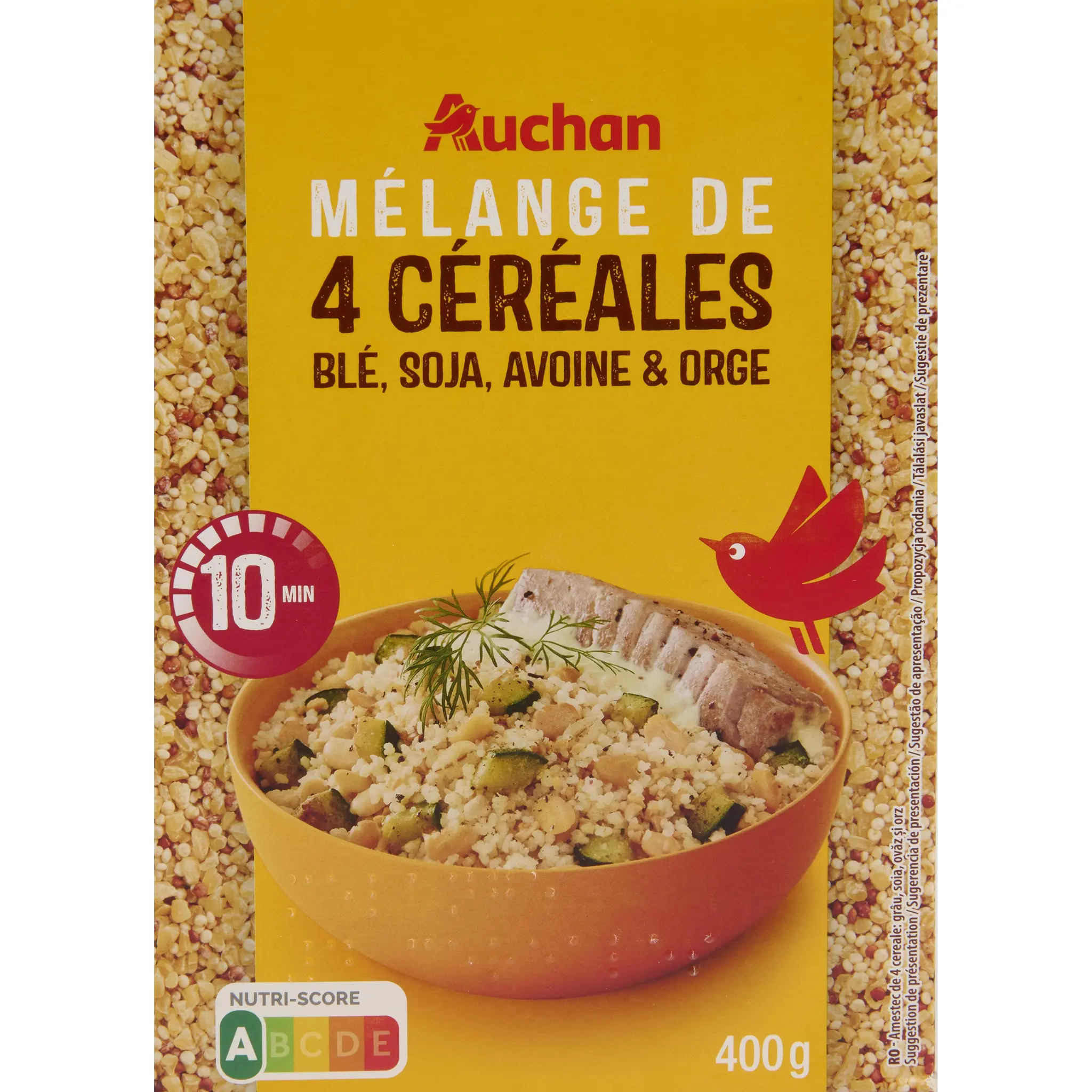 AUCHAN Mélange 4 céréales Blé Avoine Soja Orge prêt en 10 min
