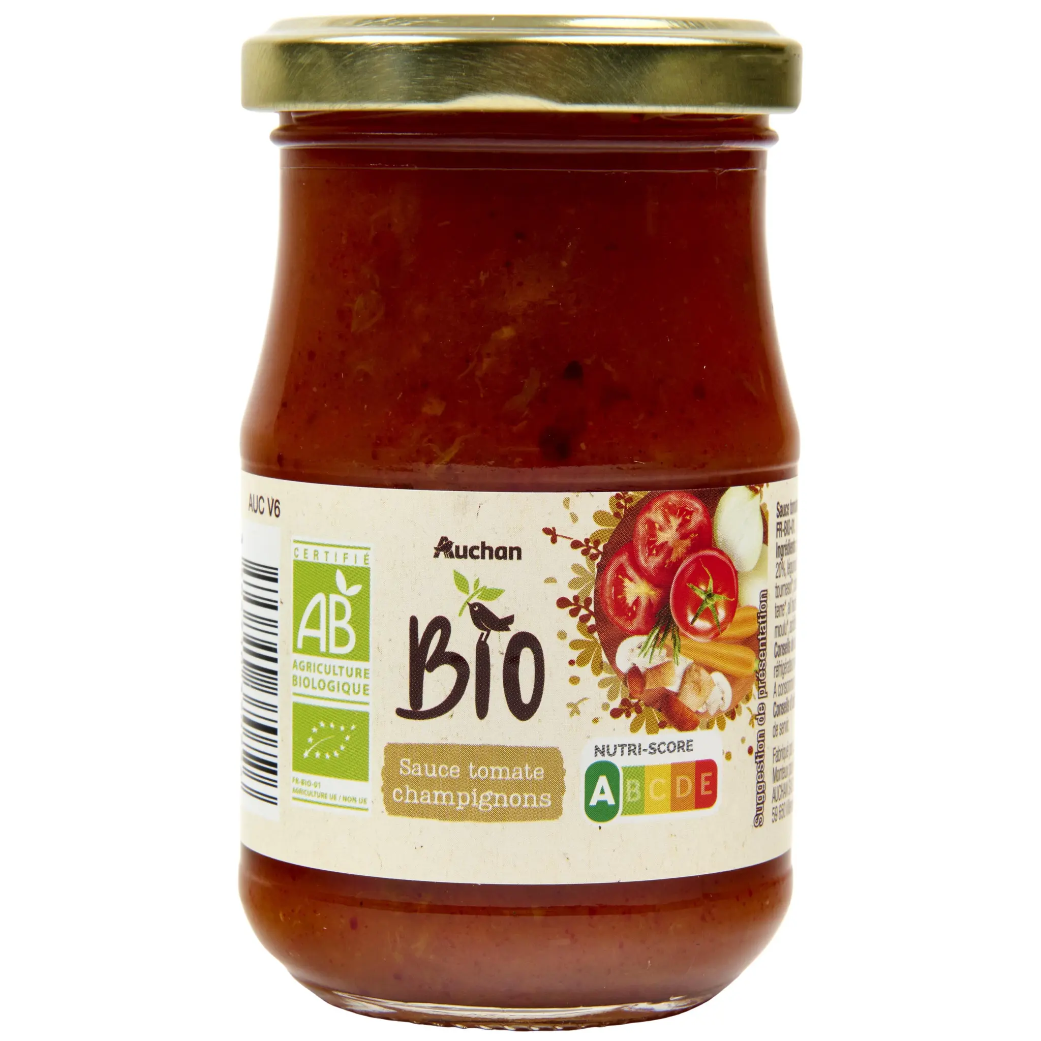 AUCHAN BIO Sauce tomate aux champignons, en bocal