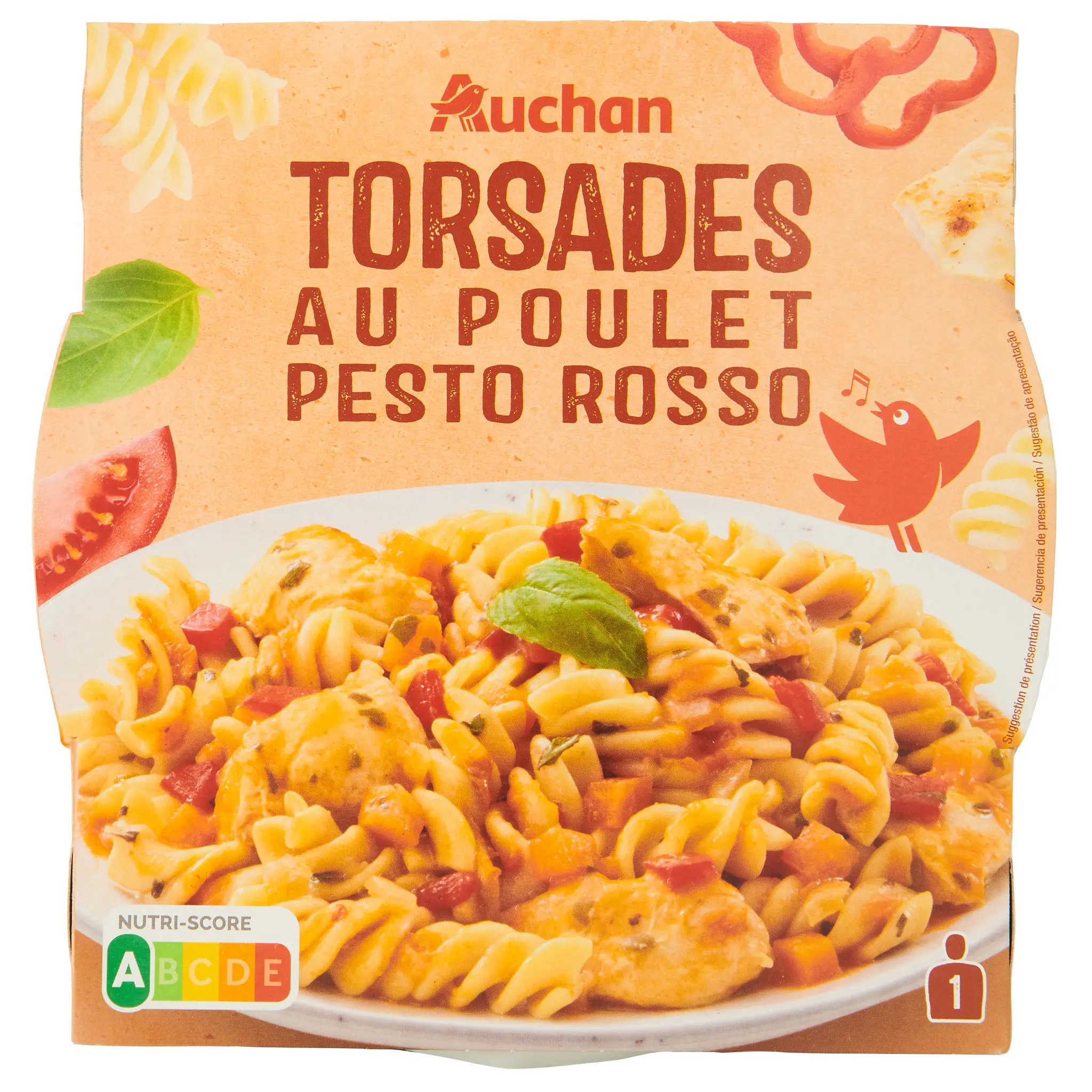 AUCHAN Torsades au poulet sauce pesto rosso barquette