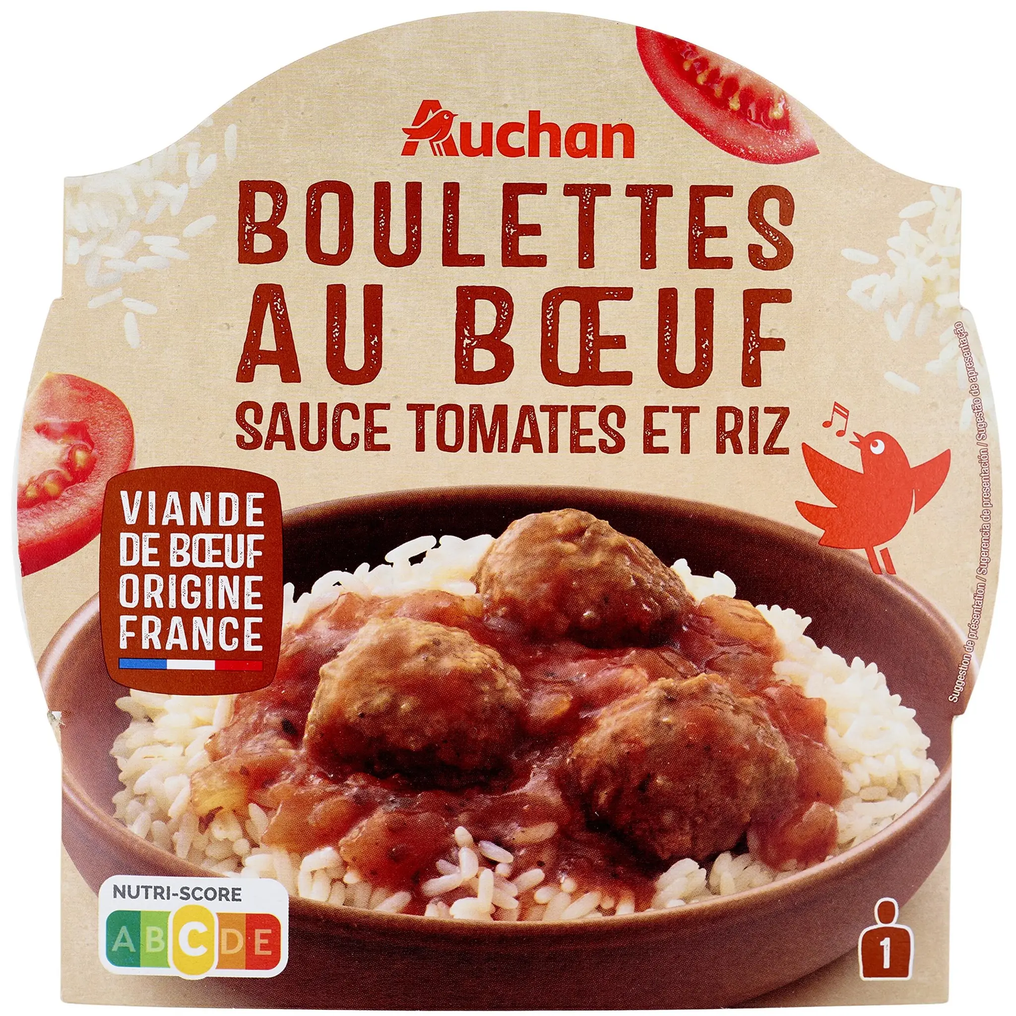 AUCHAN Boulettes au boeuf et sauce tomates et riz