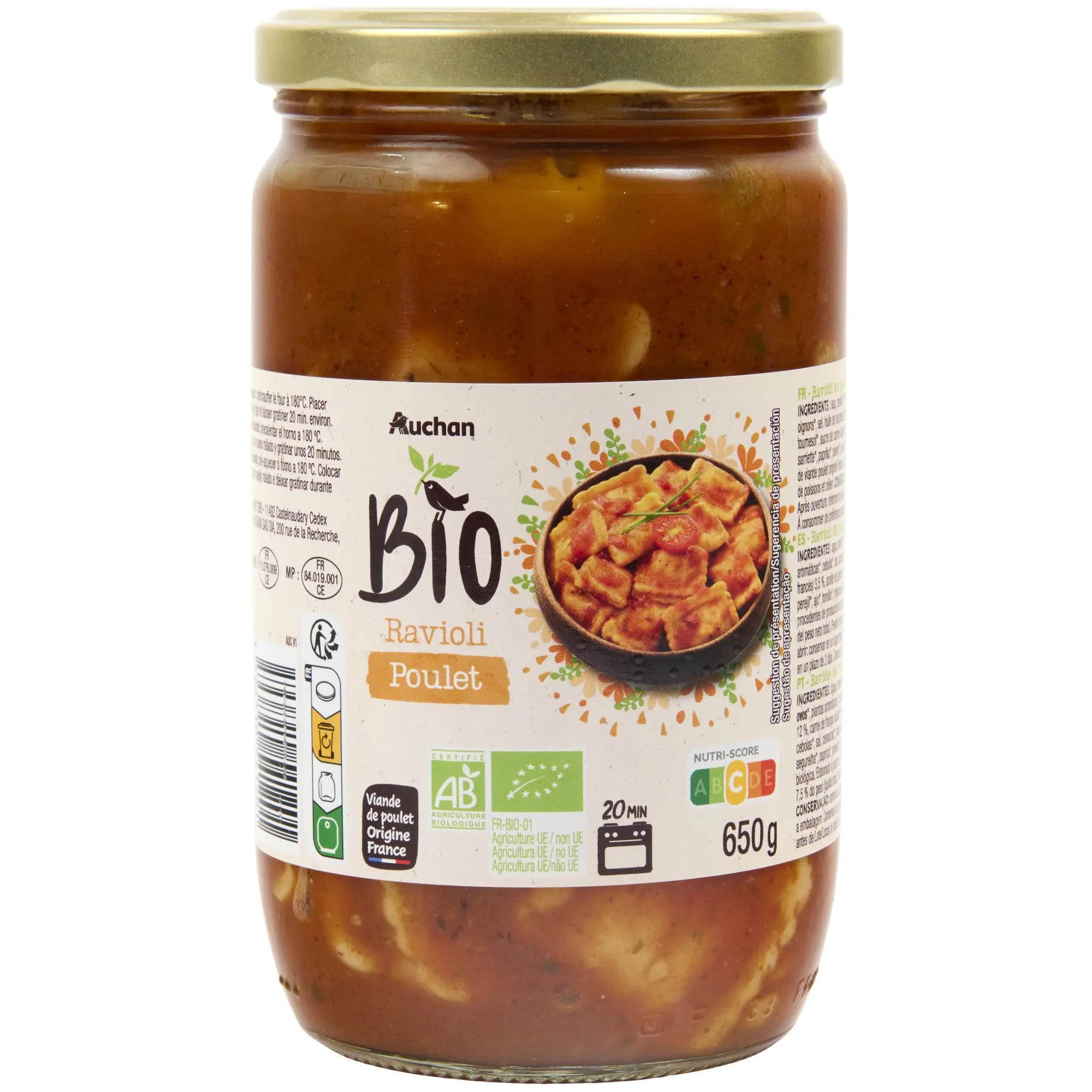 AUCHAN BIO Ravioli au poulet bio