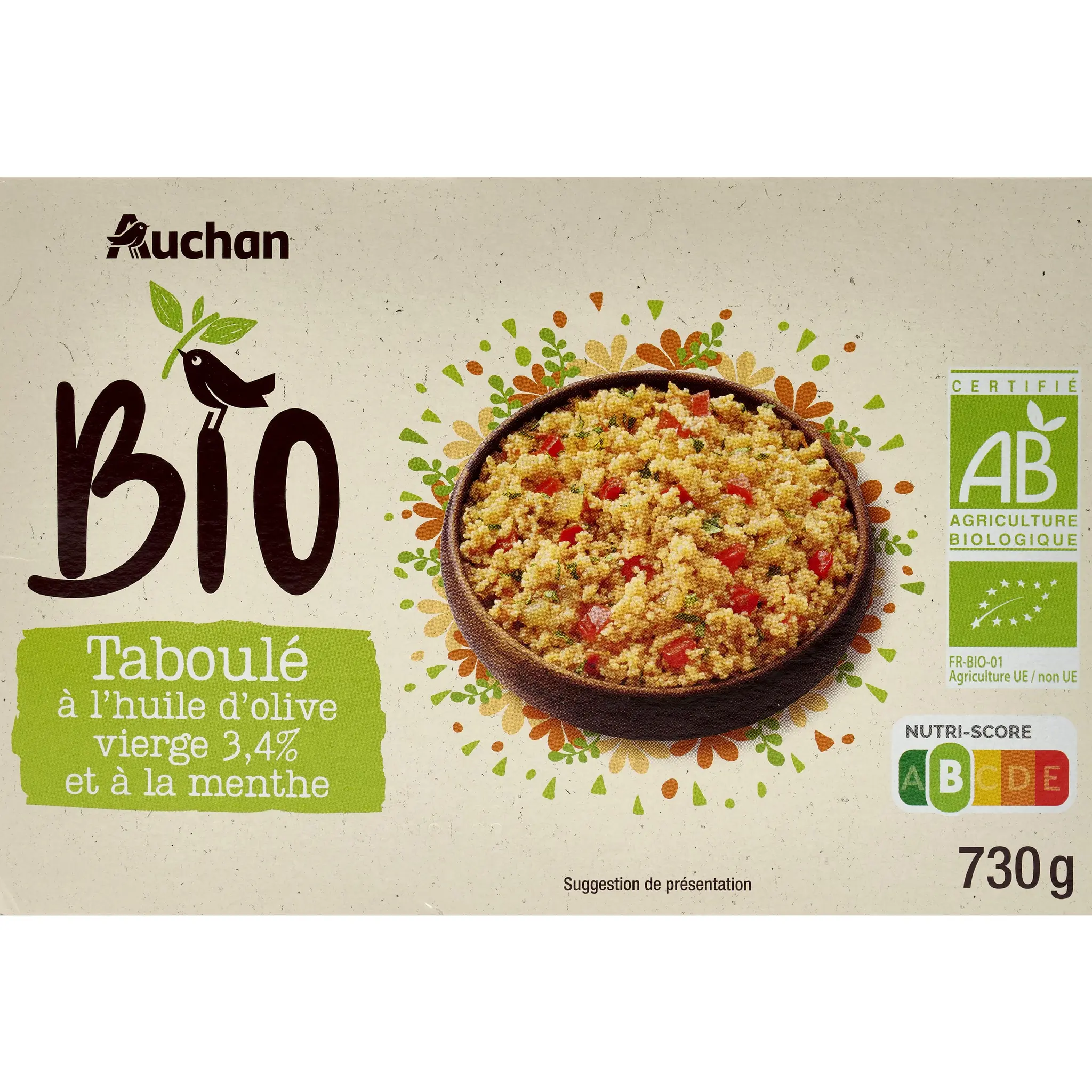 AUCHAN BIO Taboulé à l'huile d'olive vierge extra 34% et à la menthe