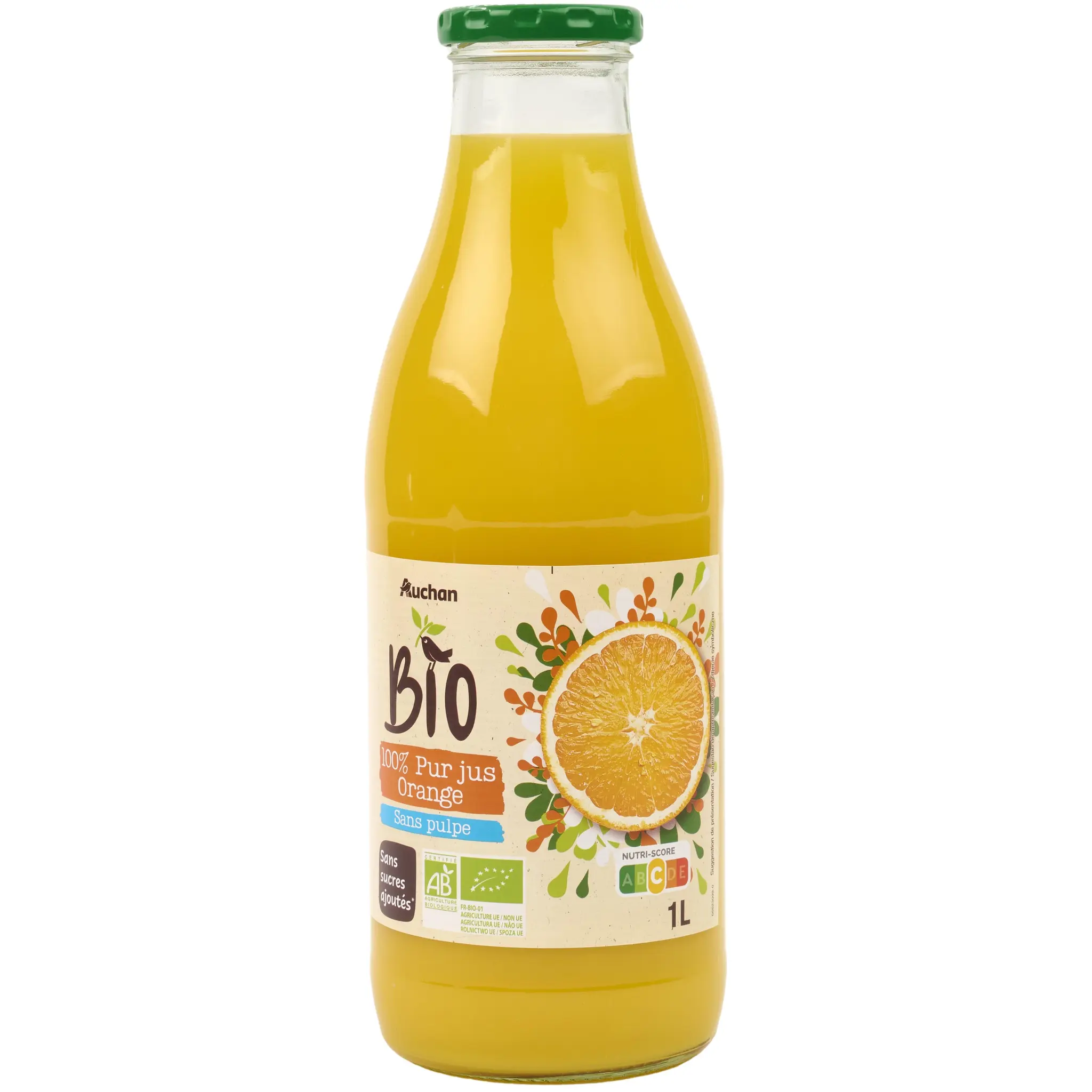 AUCHAN BIO Pur jus d'orange bouteille verre